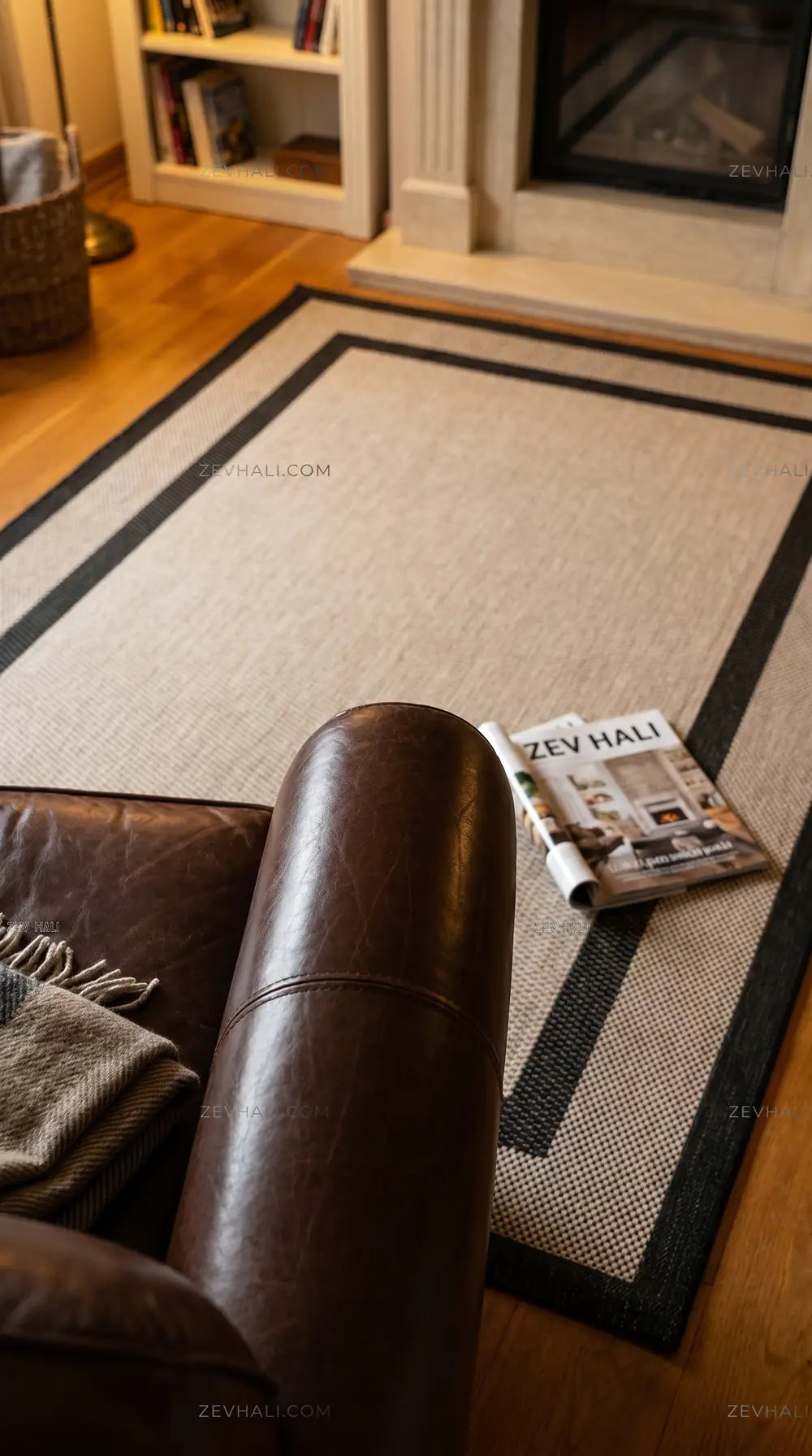 Zev Halı Sisal Plus Bej Siyah Çift Çerçeveli Yıkanabilir Salon Balkon Mutfak Koridor Halısı ZS17 | Sisal Halı | Zev Halı