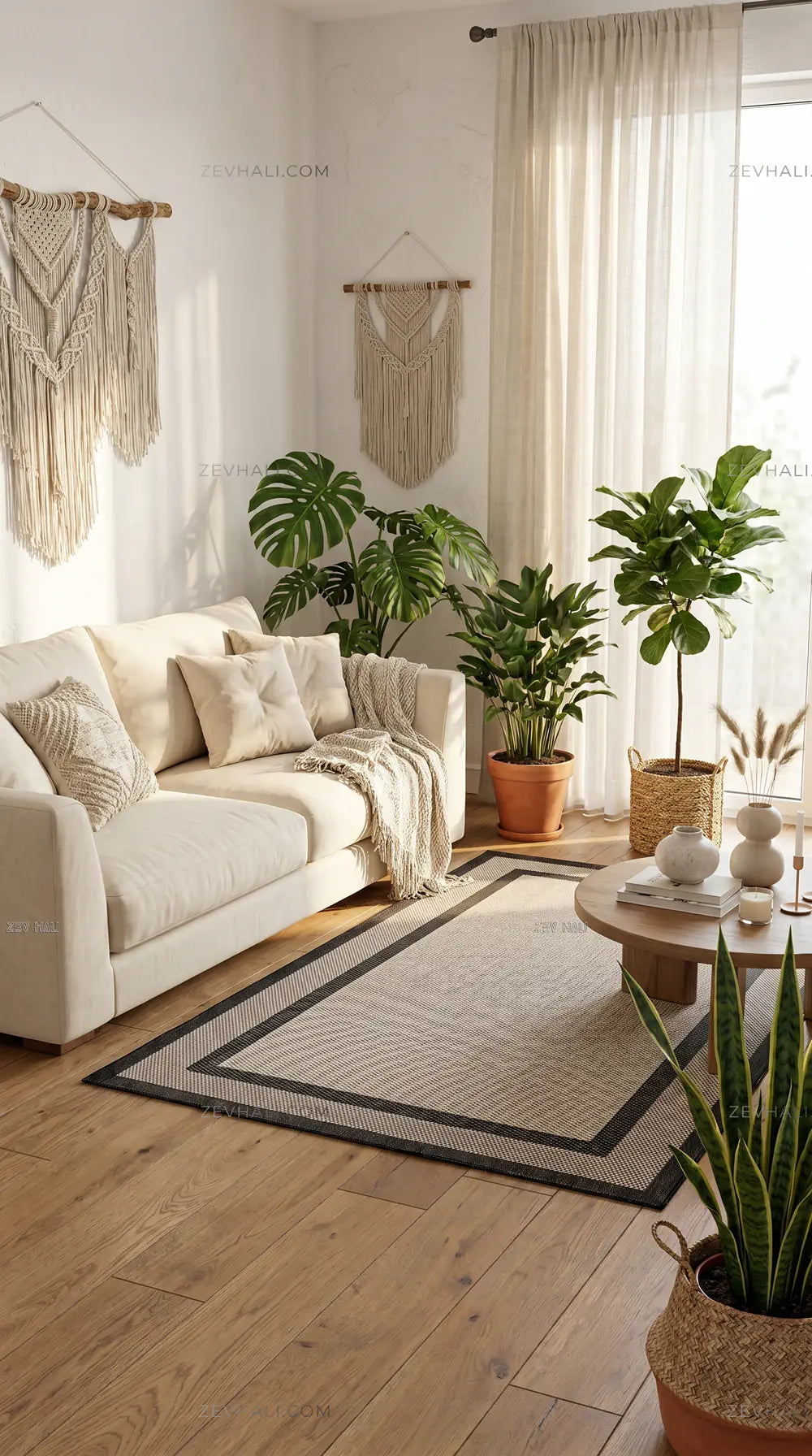 Zev Halı Sisal Plus Bej Siyah Çift Çerçeveli Yıkanabilir Salon Balkon Mutfak Koridor Halısı ZS17 | Sisal Halı | Zev Halı