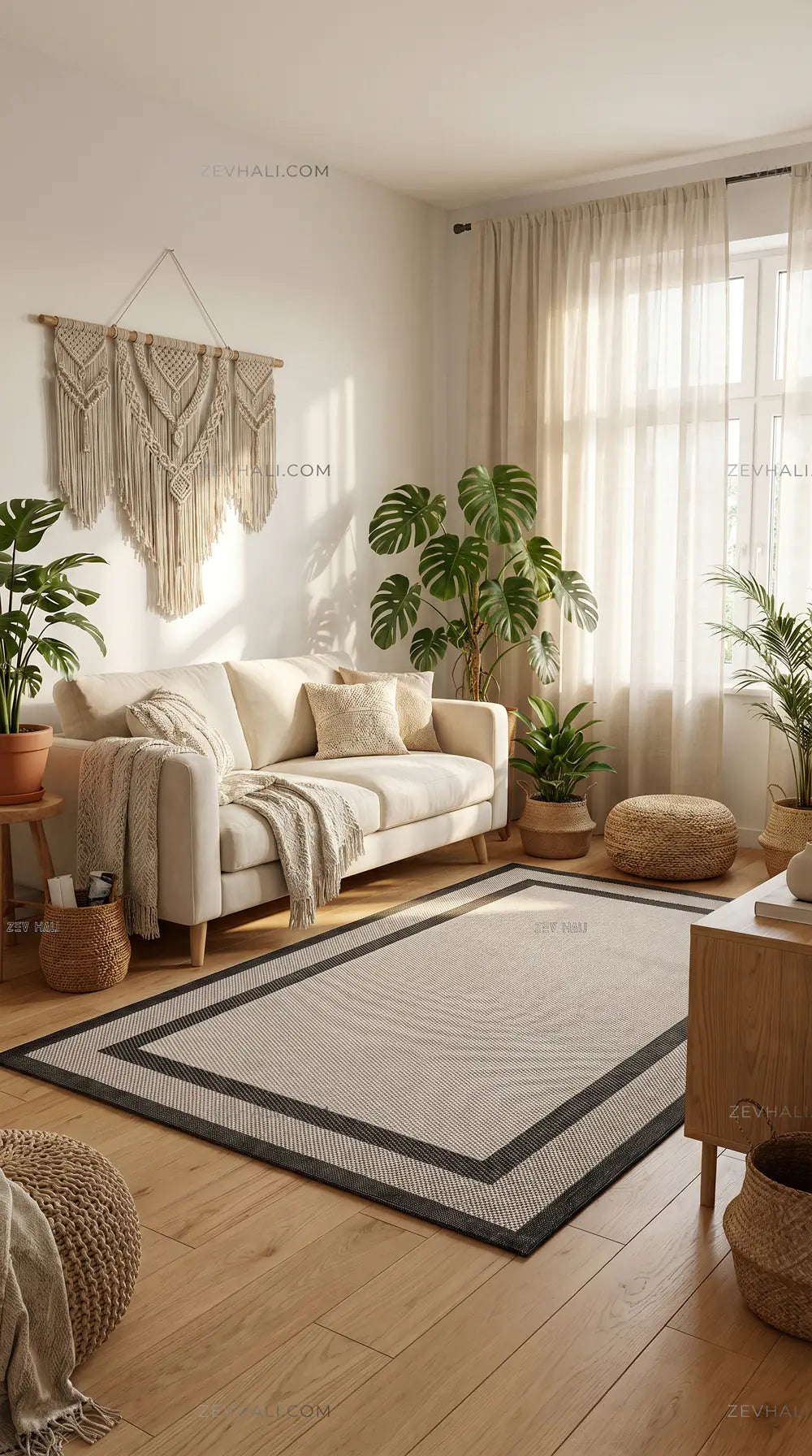 Zev Halı Sisal Plus Bej Siyah Çift Çerçeveli Yıkanabilir Salon Balkon Mutfak Koridor Halısı ZS17 | Sisal Halı | Zev Halı