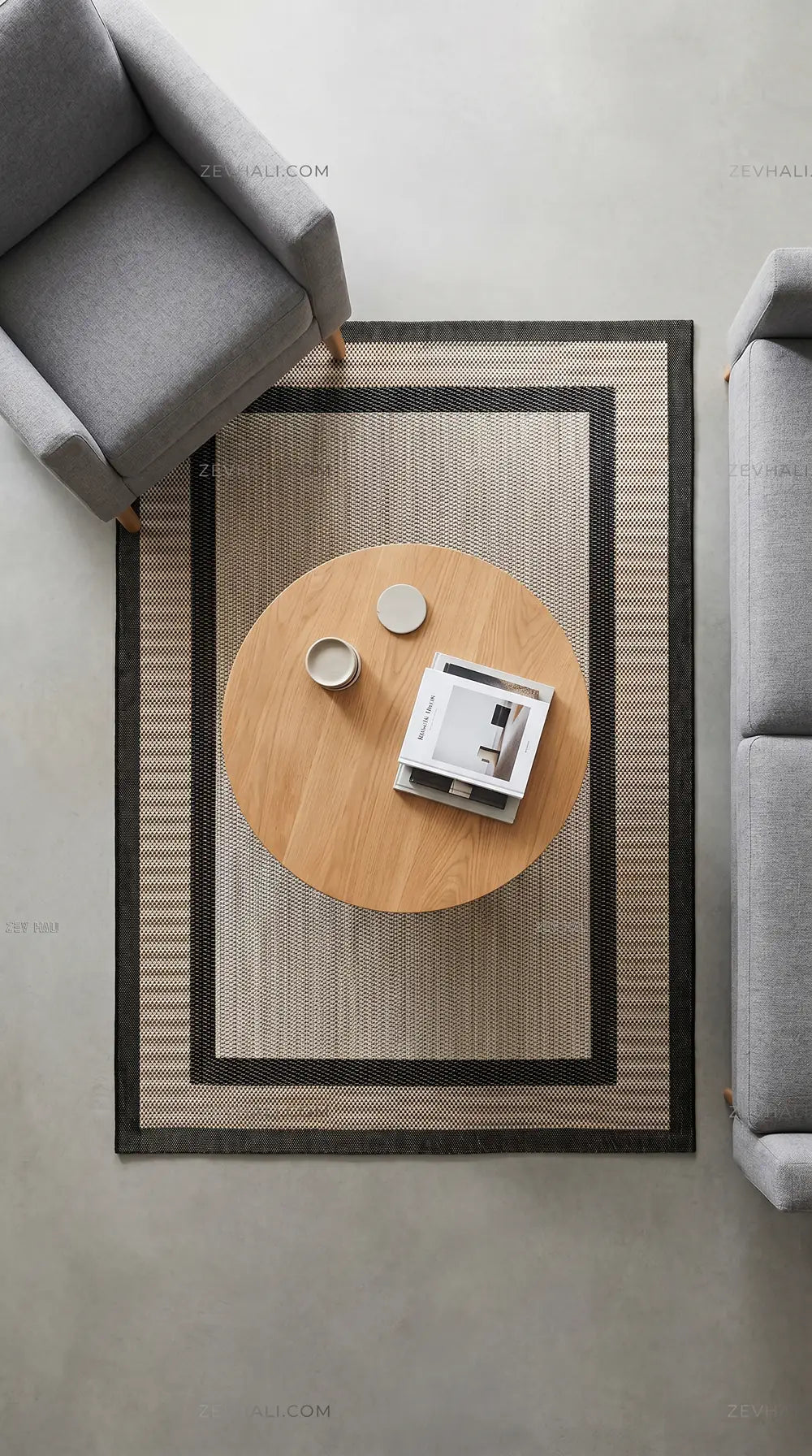 Zev Halı Sisal Plus Bej Siyah Çift Çerçeveli Yıkanabilir Salon Balkon Mutfak Koridor Halısı ZS17 | Sisal Halı | Zev Halı