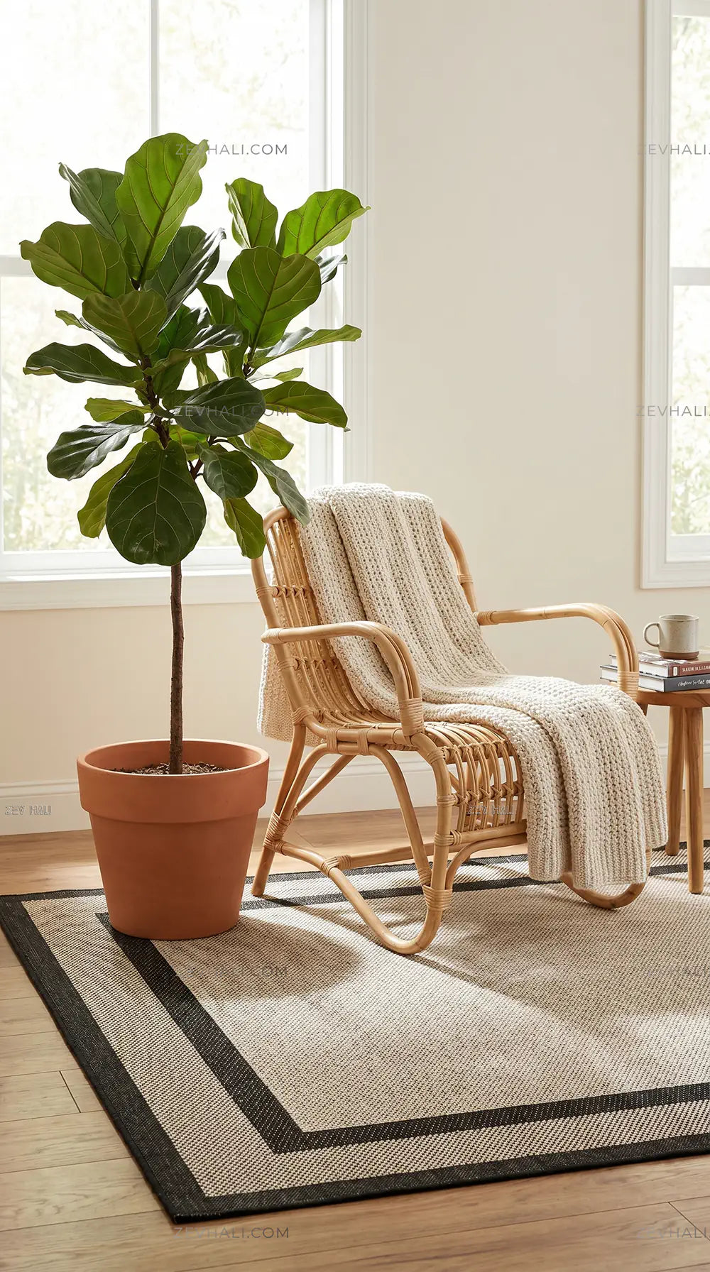 Zev Halı Sisal Plus Bej Siyah Çift Çerçeveli Yıkanabilir Salon Balkon Mutfak Koridor Halısı ZS17 | Sisal Halı | Zev Halı