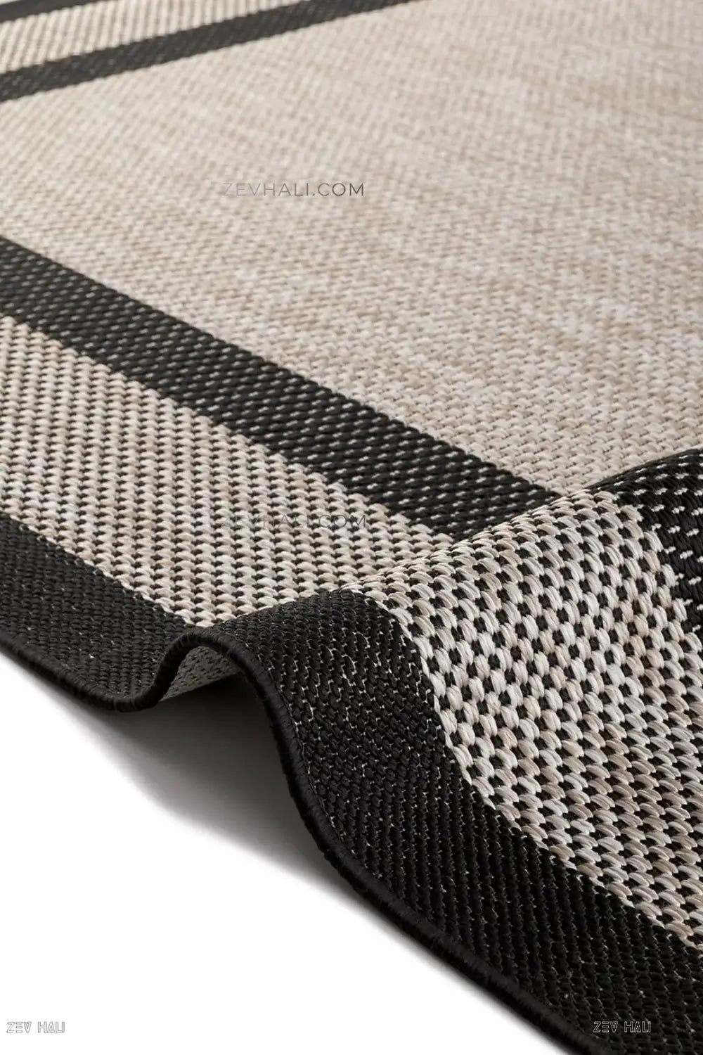Zev Halı Sisal Plus Bej Siyah Çift Çerçeveli Yıkanabilir Salon Balkon Mutfak Koridor Halısı ZS17 | Sisal Halı | Zev Halı