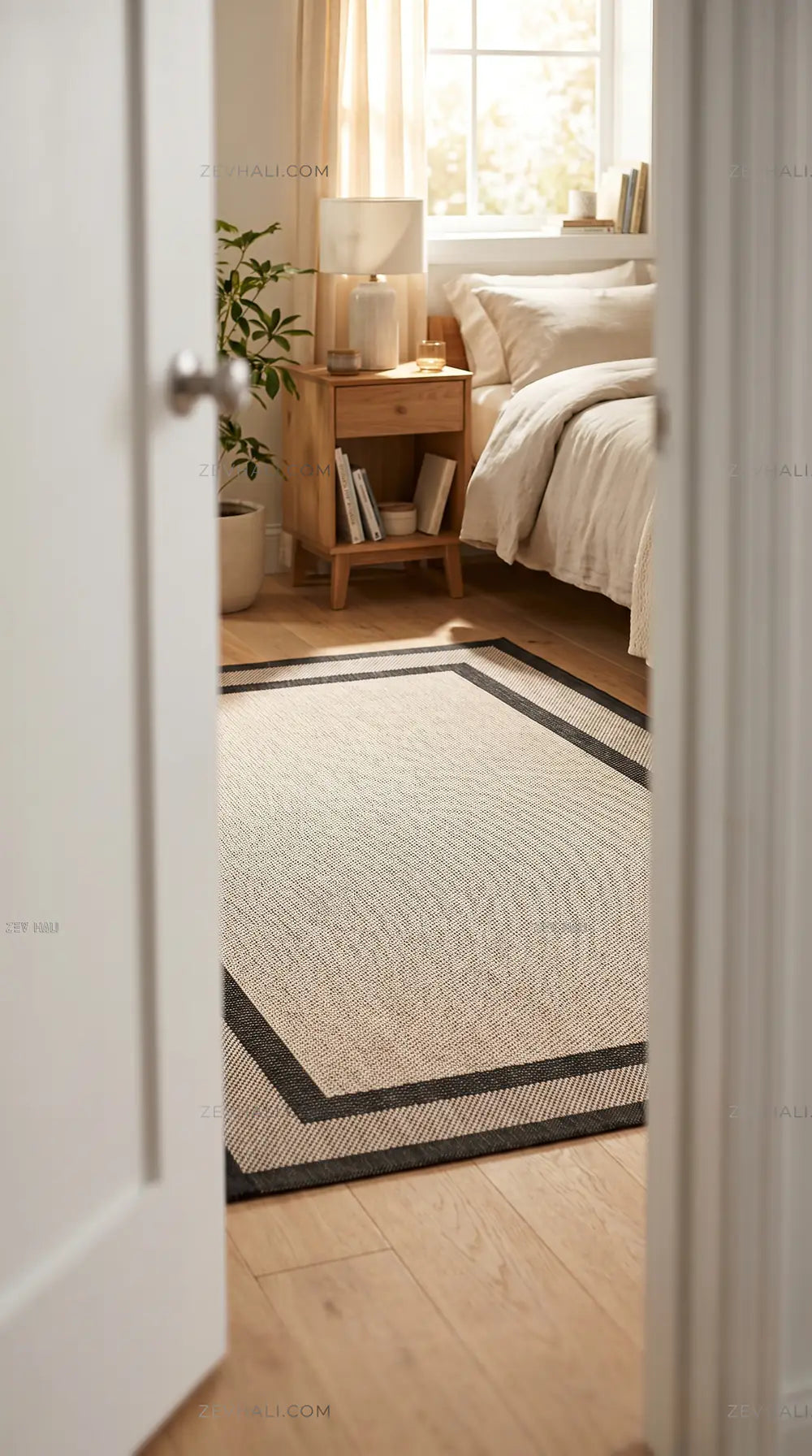 Zev Halı Sisal Plus Bej Siyah Çift Çerçeveli Yıkanabilir Salon Balkon Mutfak Koridor Halısı ZS17 | Sisal Halı | Zev Halı
