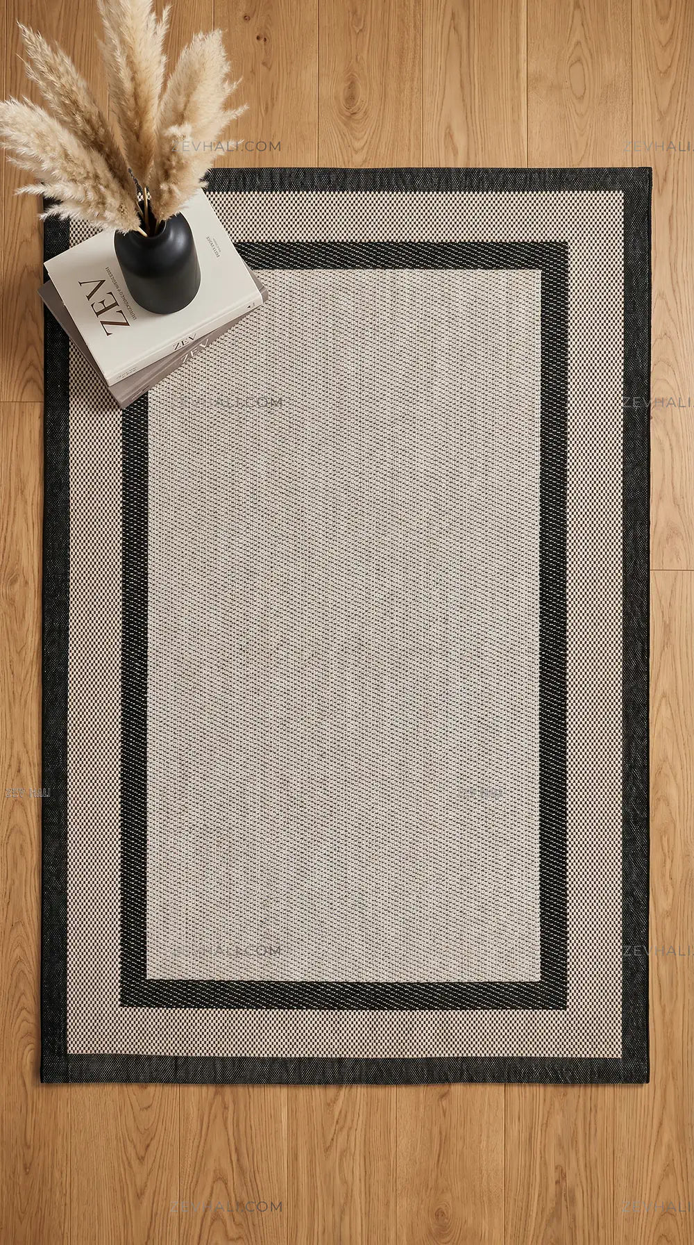 Zev Halı Sisal Plus Bej Siyah Çift Çerçeveli Yıkanabilir Salon Balkon Mutfak Koridor Halısı ZS17 | Sisal Halı | Zev Halı