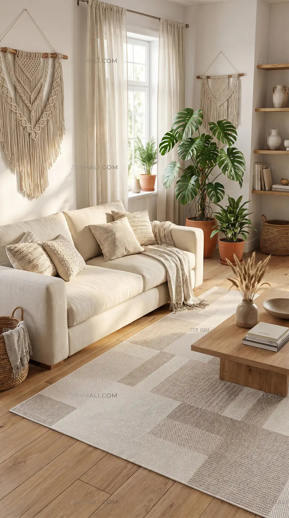 Zev Halı Sisal Vizon Geometrik Bloklu Makinede Yıkanabilir Kaymaz Salon Mutfak Halısı ZS03 | Sisal Halı | Zev Halı