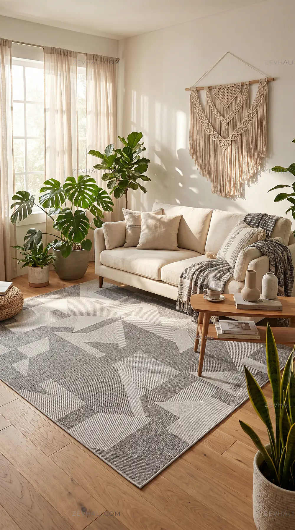 Zev Halı Sisal Gri Asimetrik Geometrik Makinede Yıkanabilir Mutfak Koridor Salon Halısı ZS05 | Sisal Halı | Zev Halı