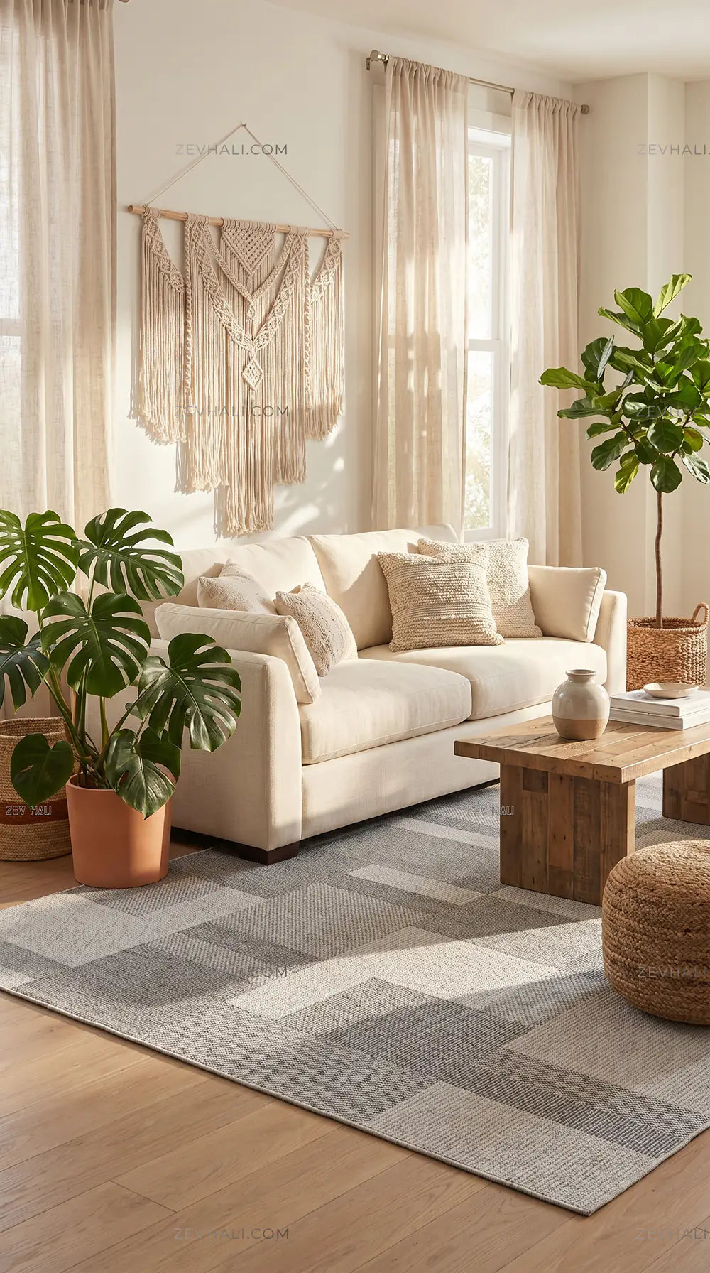Zev Halı Sisal Gri Geometrik Bloklu Özel Ölçü Yıkanabilir Salon Mutfak Koridor Halısı ZS06 | Sisal Halı | Zev Halı