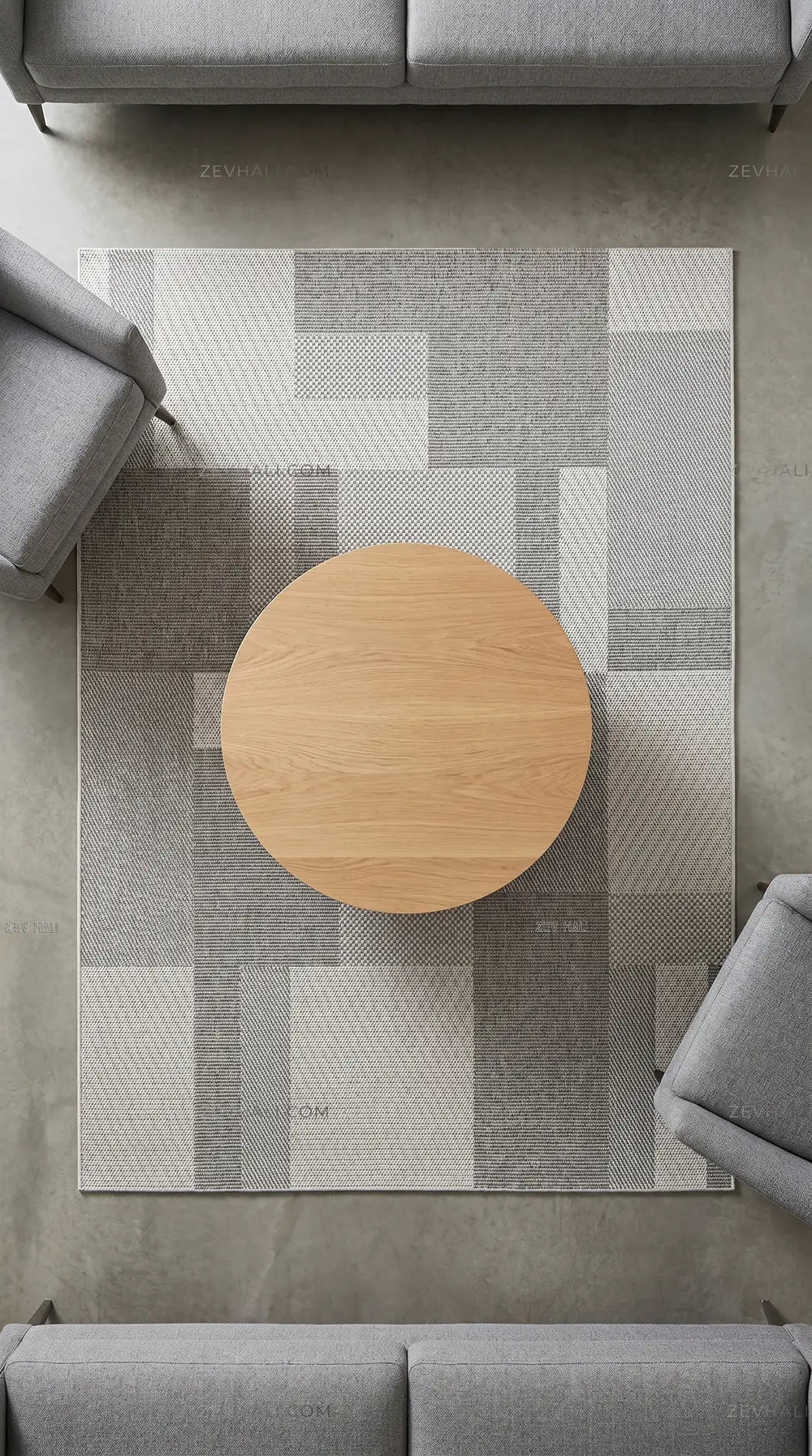 Zev Halı Sisal Gri Geometrik Bloklu Özel Ölçü Yıkanabilir Salon Mutfak Koridor Halısı ZS06 | Sisal Halı | Zev Halı