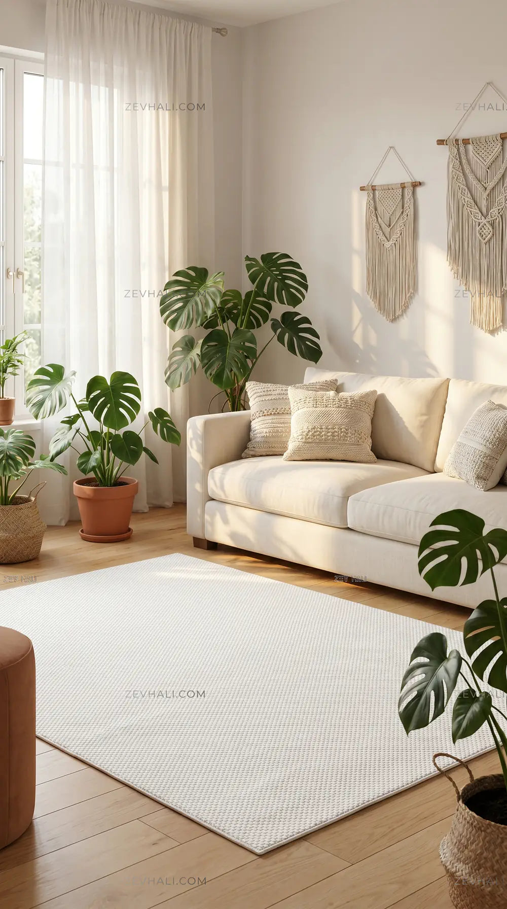 Zev Halı Sisal Krem Kendinden Dokulu Özel Ölçü Yıkanabilir Salon Mutfak Balkon Halısı ZS07 | Sisal Halı | Zev Halı
