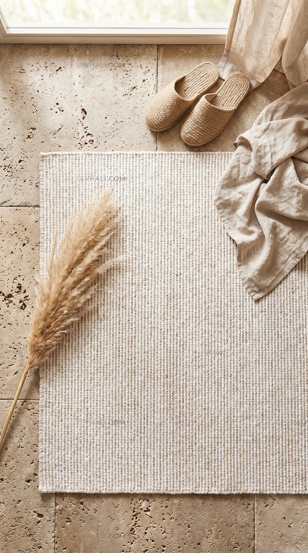 Zev Halı Teppe Bej Doğal Dokulu Kalın Pamuklu Bohem Kilim Halı TP02