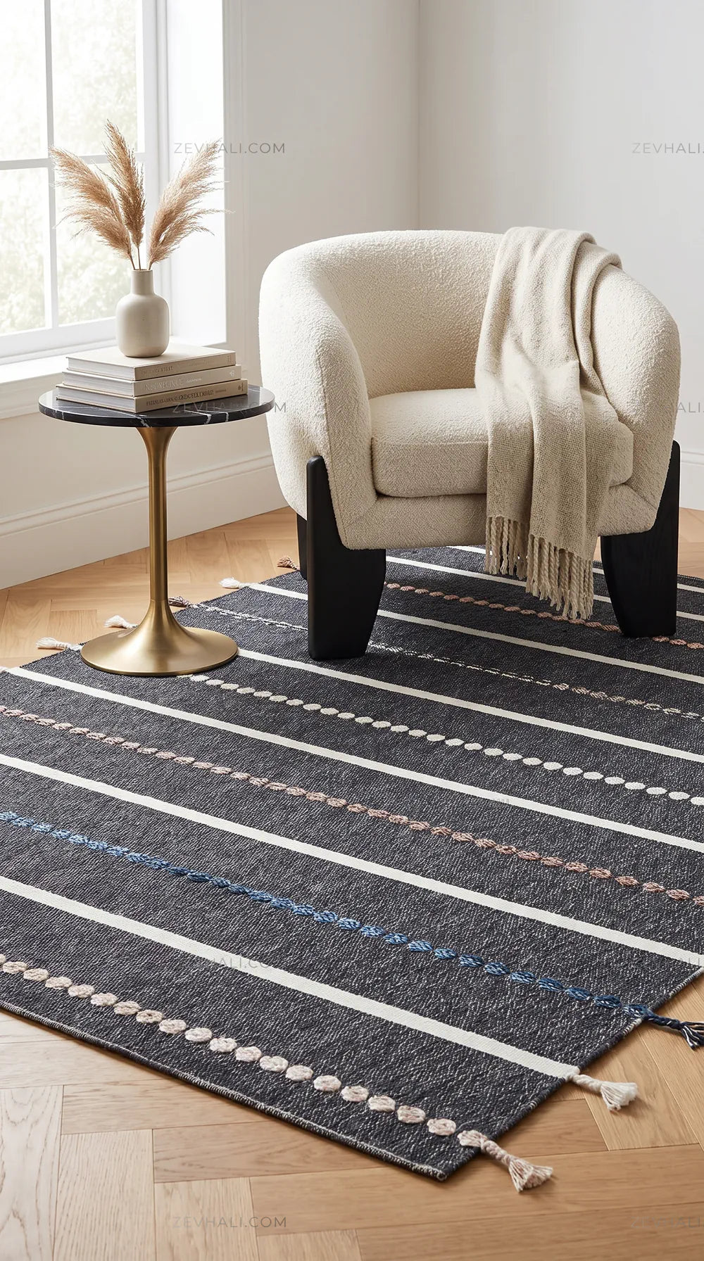 Zev Halı Vincents Colors Antrasit Çizgili Püsküllü İnce Kilim VC02 160x200