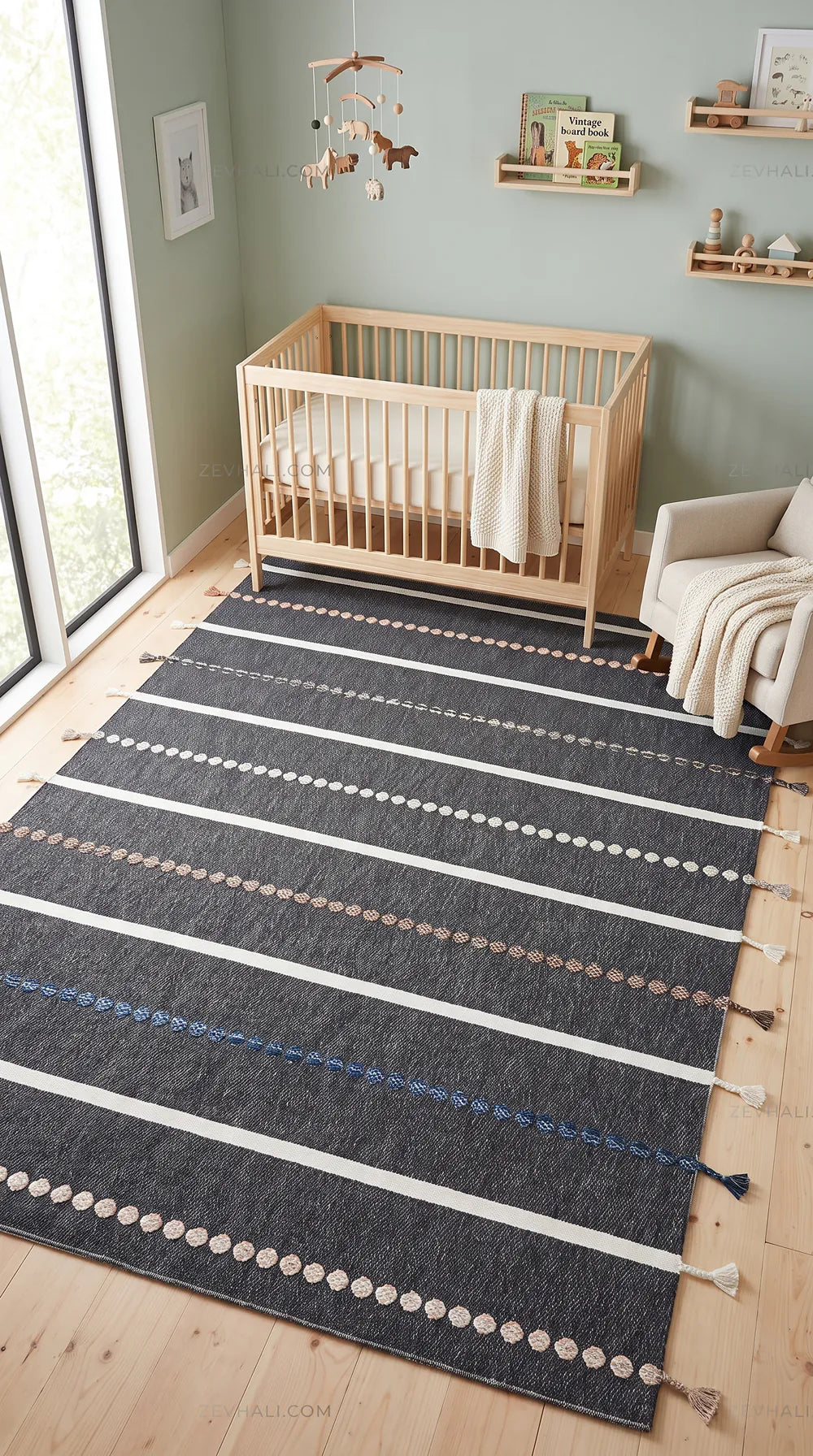 Zev Halı Vincents Colors Antrasit Çizgili Püsküllü İnce Kilim VC02 160x200