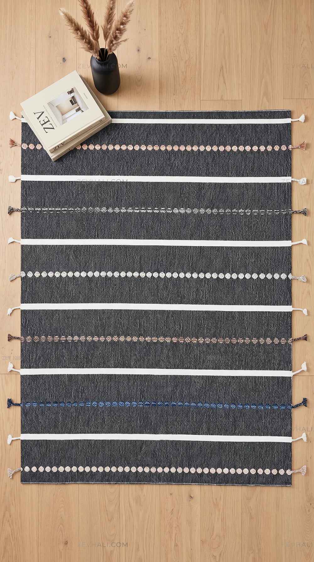 Zev Halı Vincents Colors Antrasit Çizgili Püsküllü İnce Kilim VC02 160x200