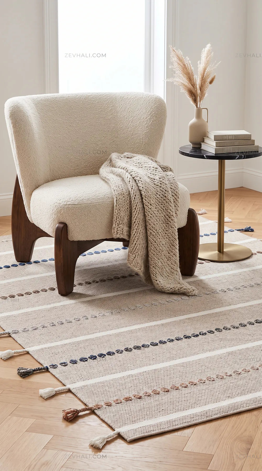 Zev Halı Vincents Colors Kum Beji Çizgili Püsküllü Kilim VC03 160x200