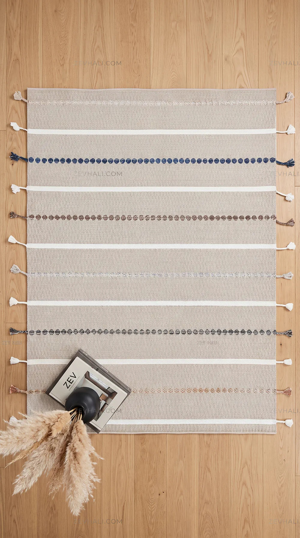 Zev Halı Vincents Colors Kum Beji Çizgili Püsküllü Kilim VC03 160x200