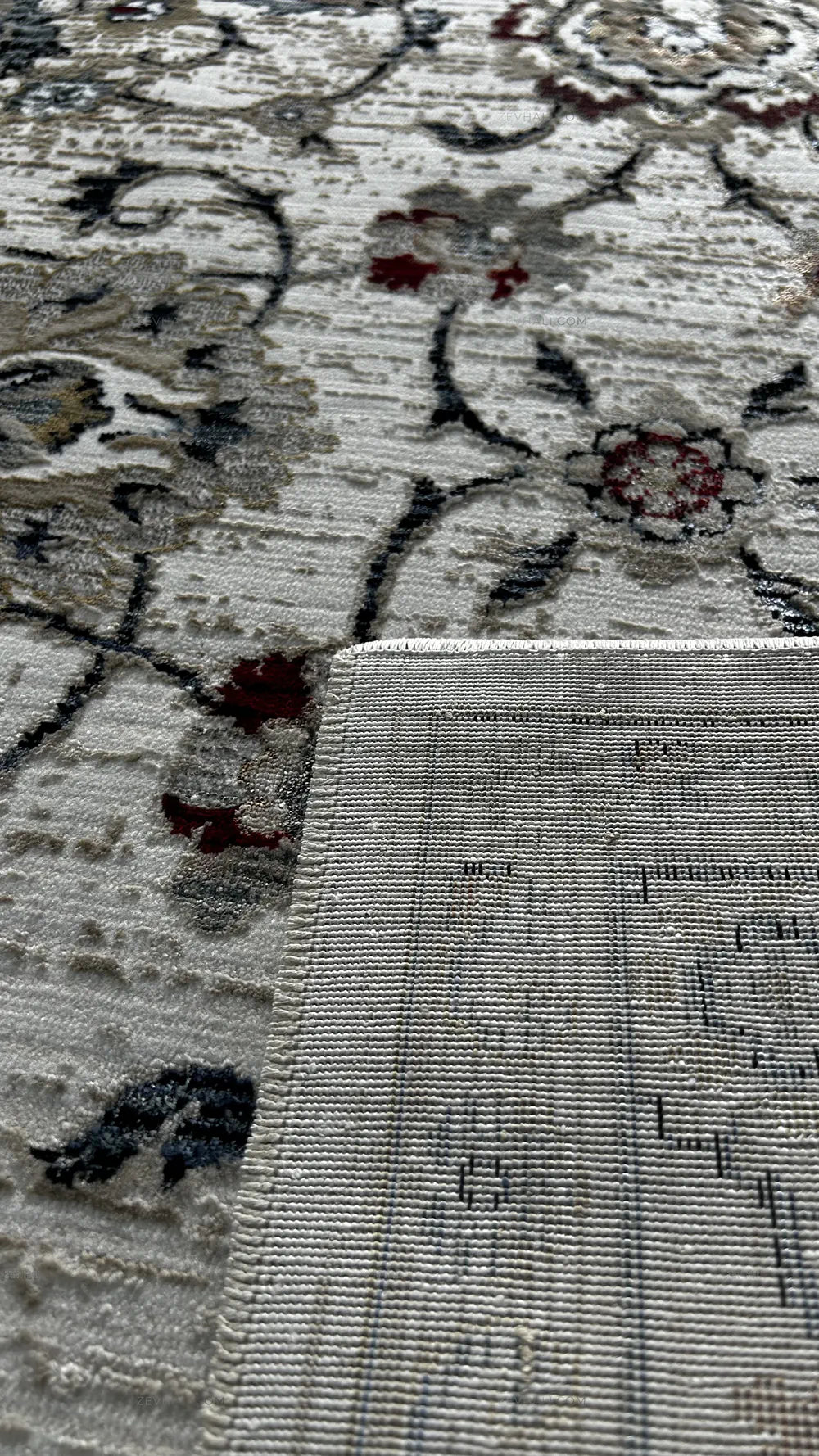 Zev Halı Vintage Bordo Petrol Mavisi Vizon Floral Desenli Parlak Tuşeli İnce Halı VT05
