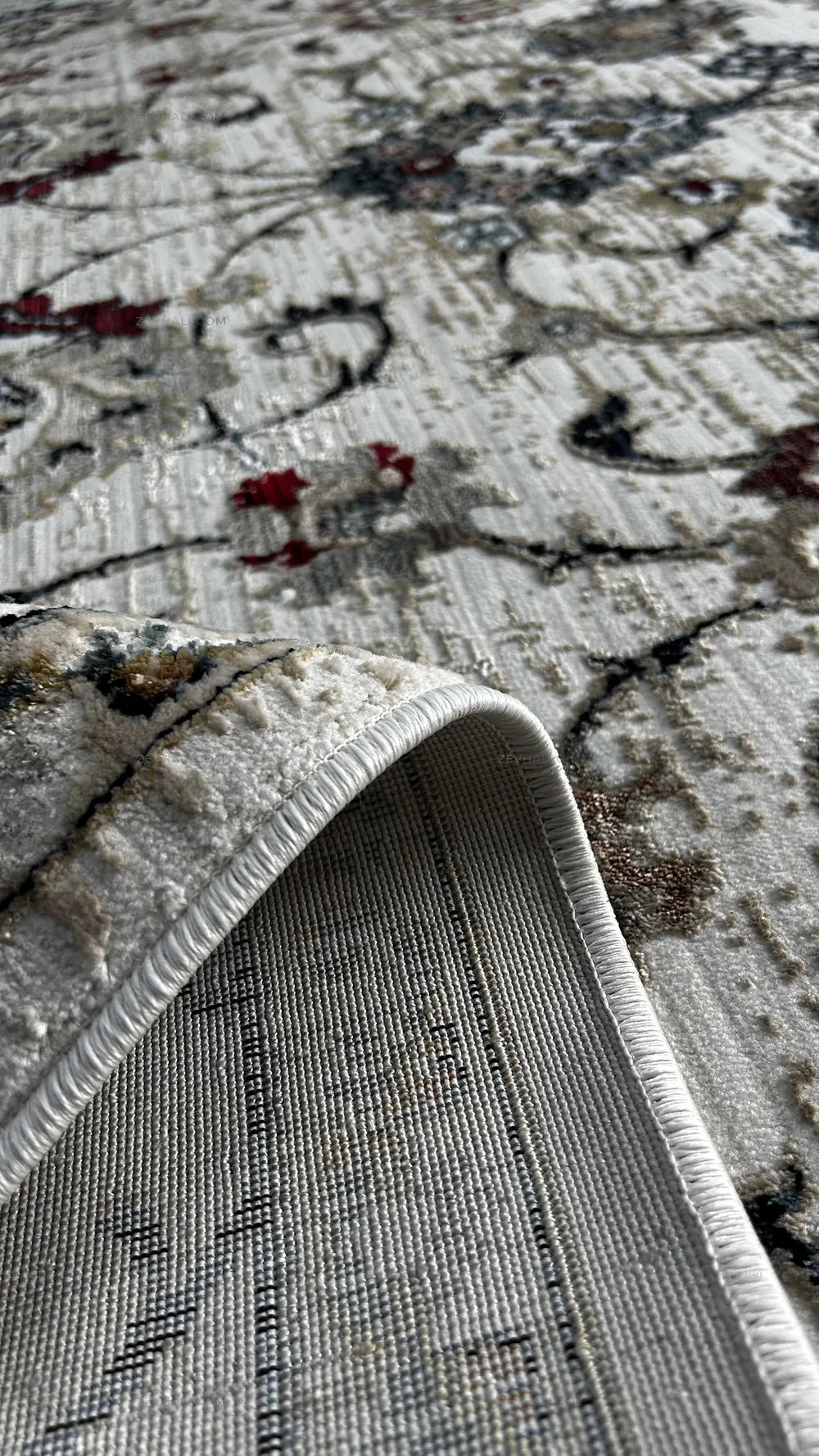Zev Halı Vintage Bordo Petrol Mavisi Vizon Floral Desenli Parlak Tuşeli İnce Halı VT05