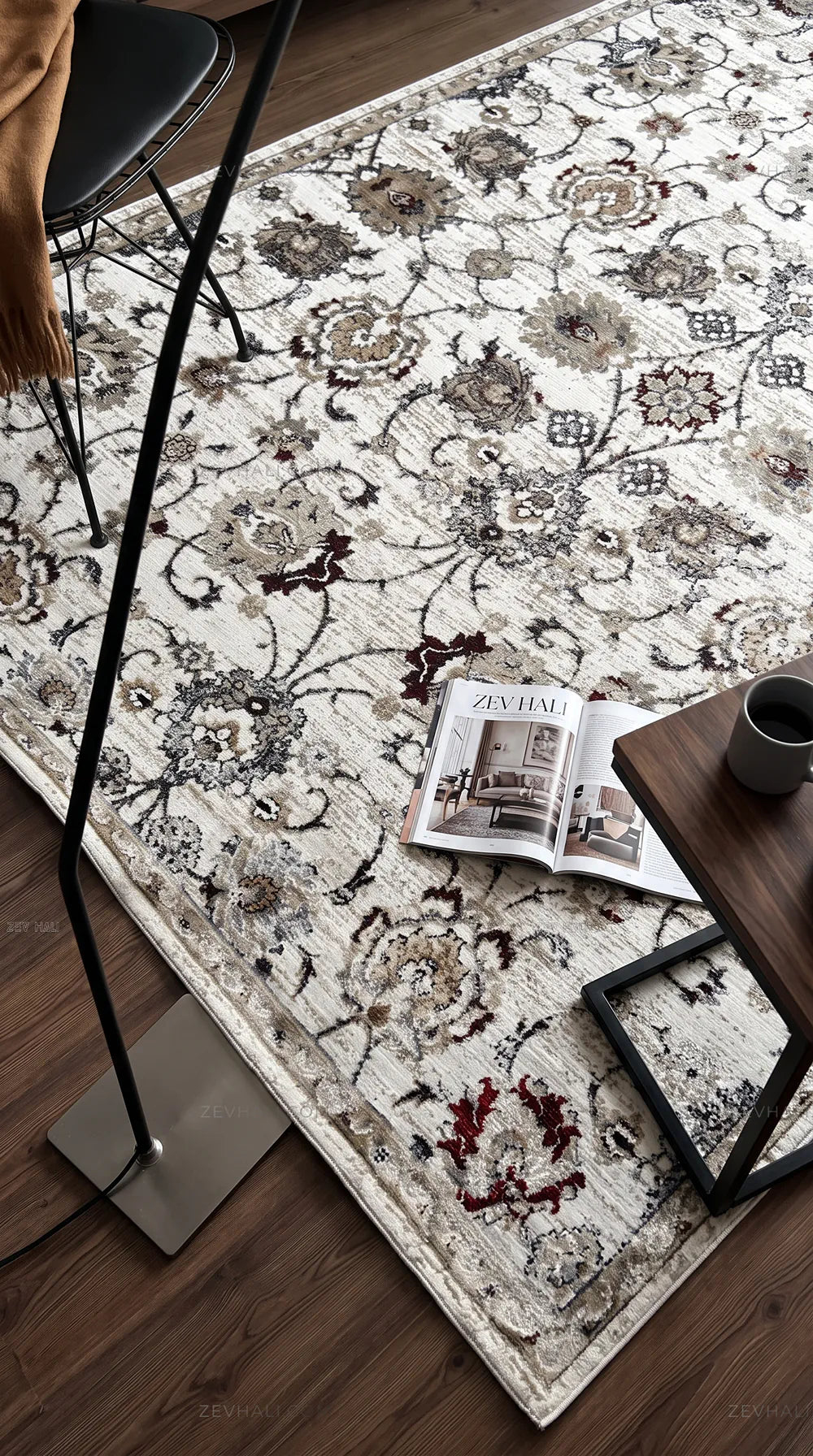 Zev Halı Vintage Bordo Petrol Mavisi Vizon Floral Desenli Parlak Tuşeli İnce Halı VT05