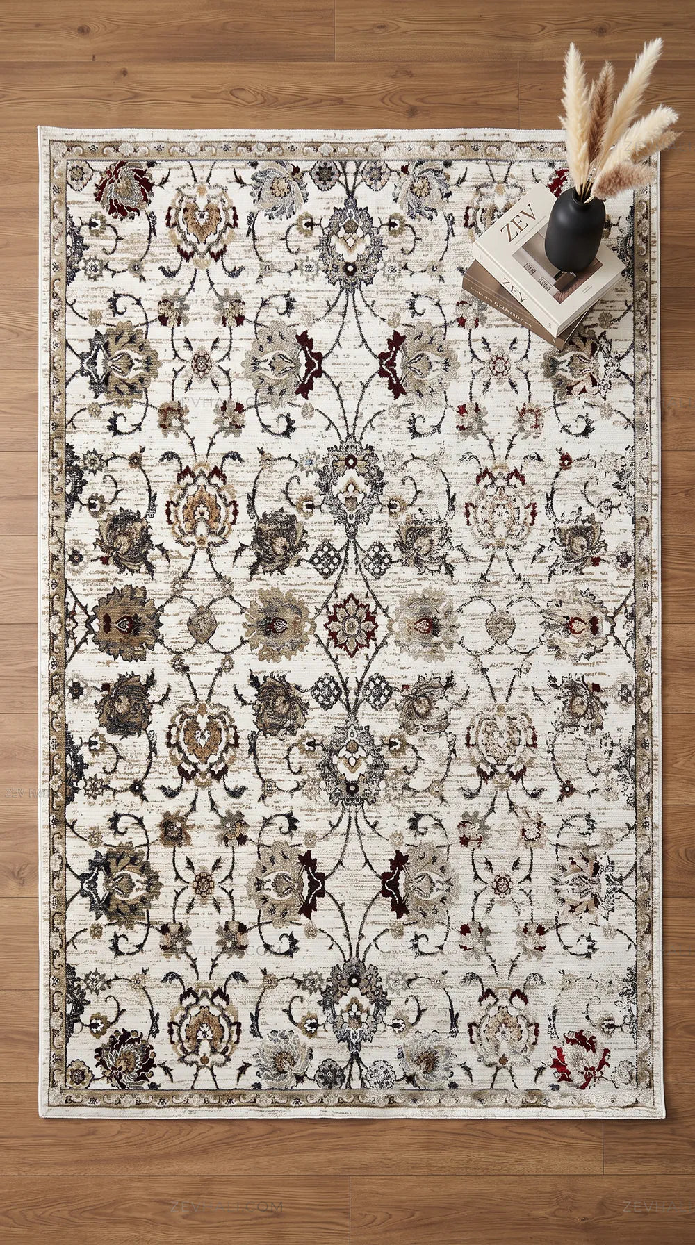 Zev Halı Vintage Bordo Petrol Mavisi Vizon Floral Desenli Parlak Tuşeli İnce Halı VT05