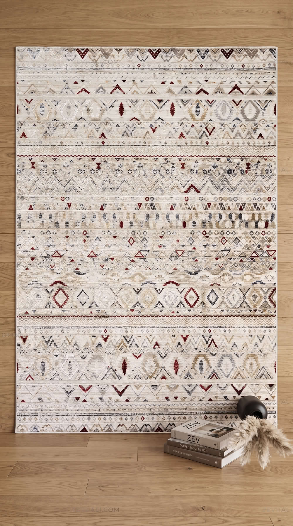 Zev Halı Vintage Krem Antrasit Bordo Etnik Geometrik Parlak Tuşeli İnce Halı VT12