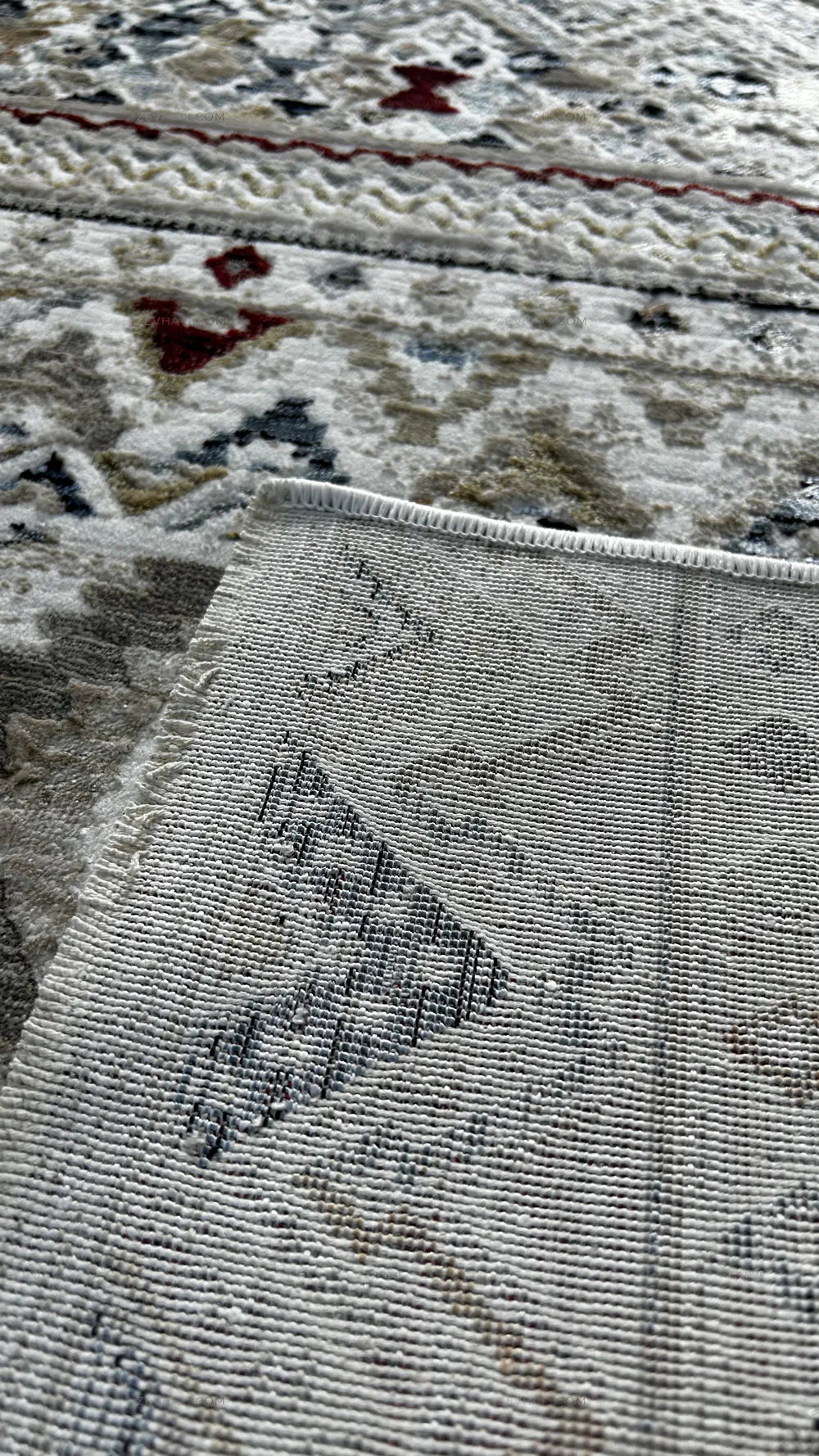Zev Halı Vintage Krem Antrasit Bordo Etnik Geometrik Parlak Tuşeli İnce Halı VT12