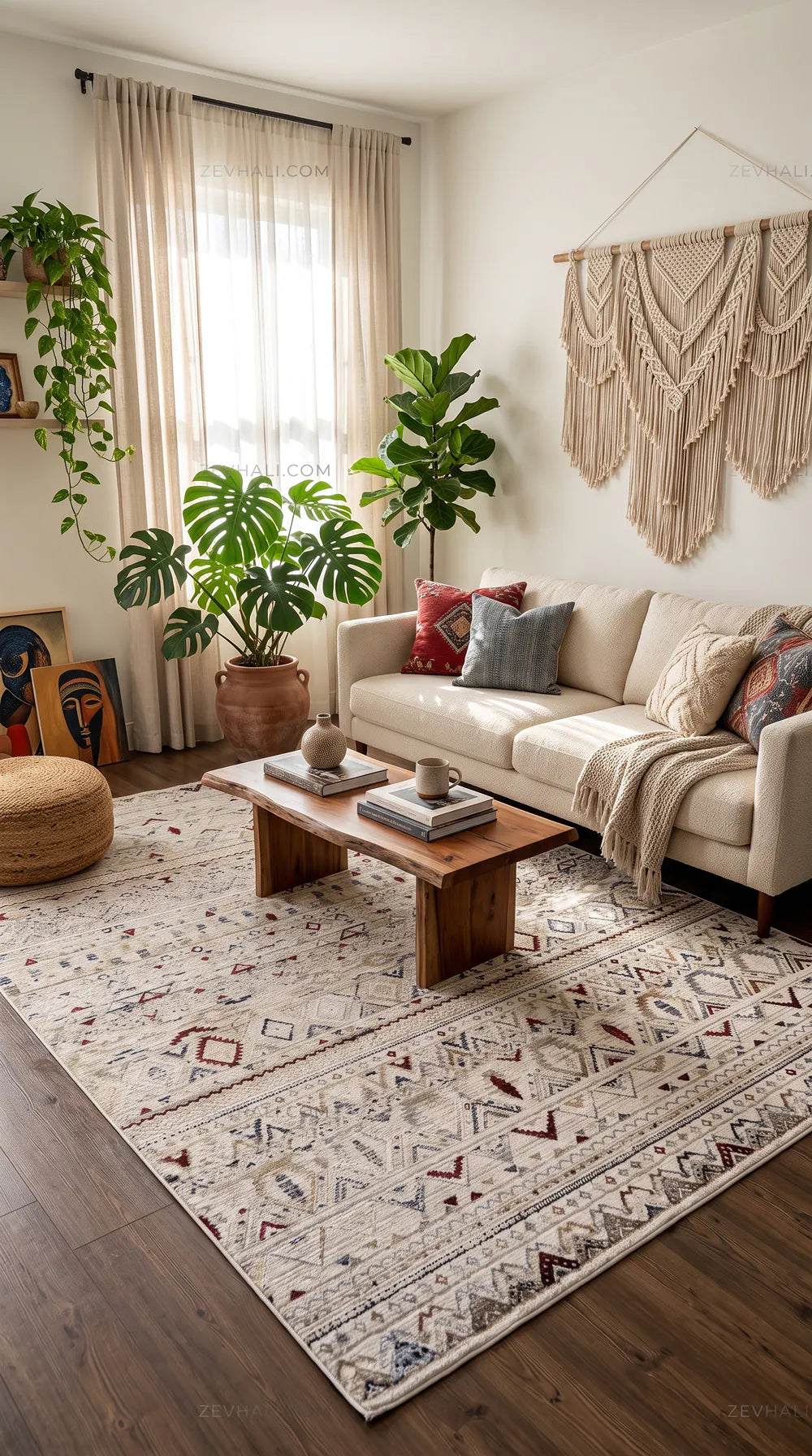Zev Halı Vintage Krem Antrasit Bordo Etnik Geometrik Parlak Tuşeli İnce Halı VT12