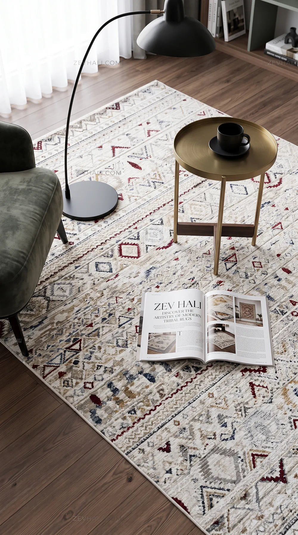 Zev Halı Vintage Krem Antrasit Bordo Etnik Geometrik Parlak Tuşeli İnce Halı VT12
