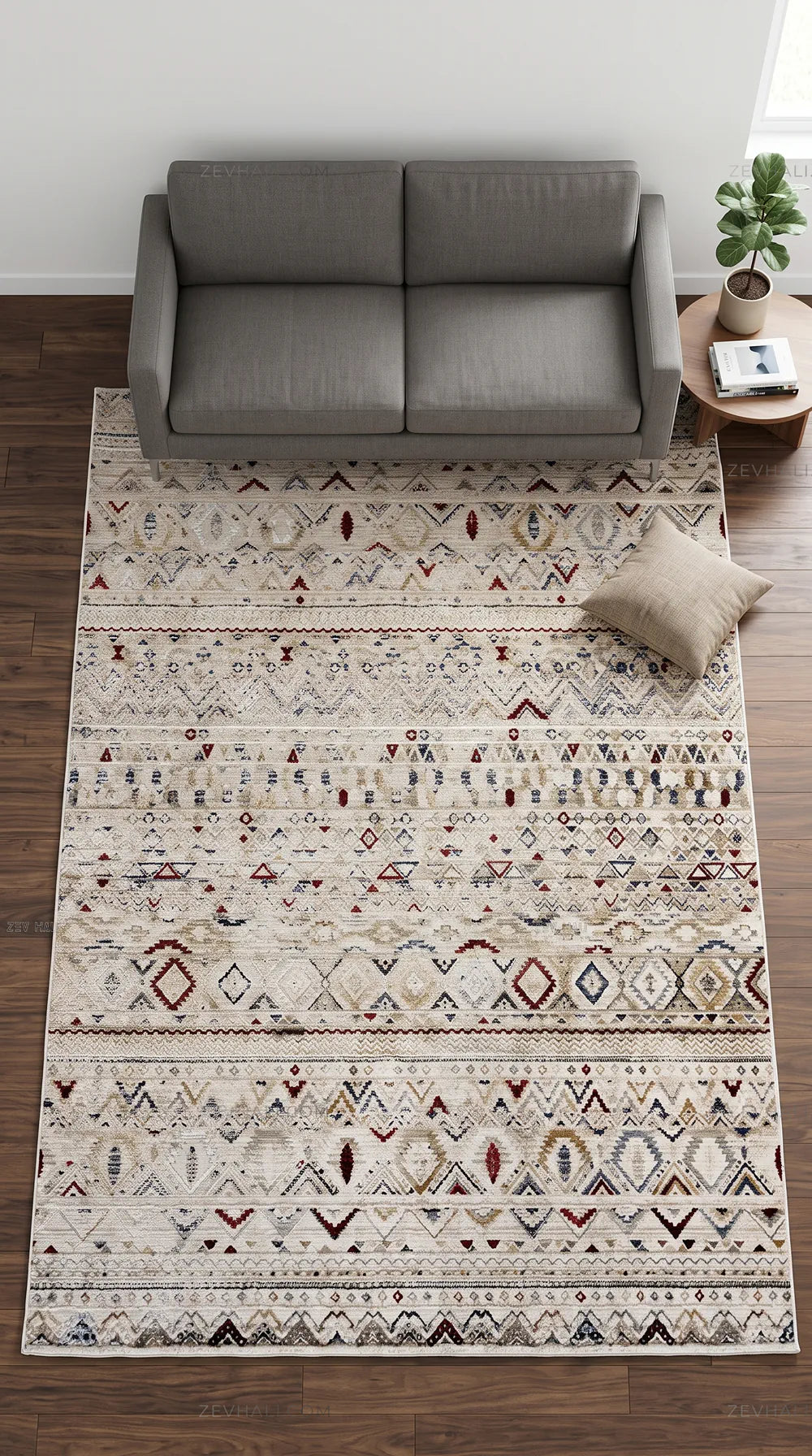 Zev Halı Vintage Krem Antrasit Bordo Etnik Geometrik Parlak Tuşeli İnce Halı VT12