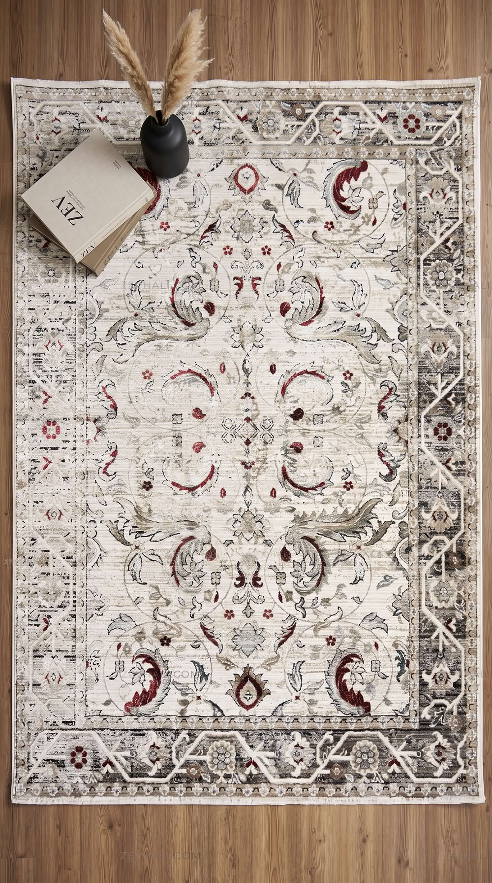 Zev Halı Vintage Krem Bordo Antrasit Floral Desenli Parlak Tuşeli İnce Halı VT10
