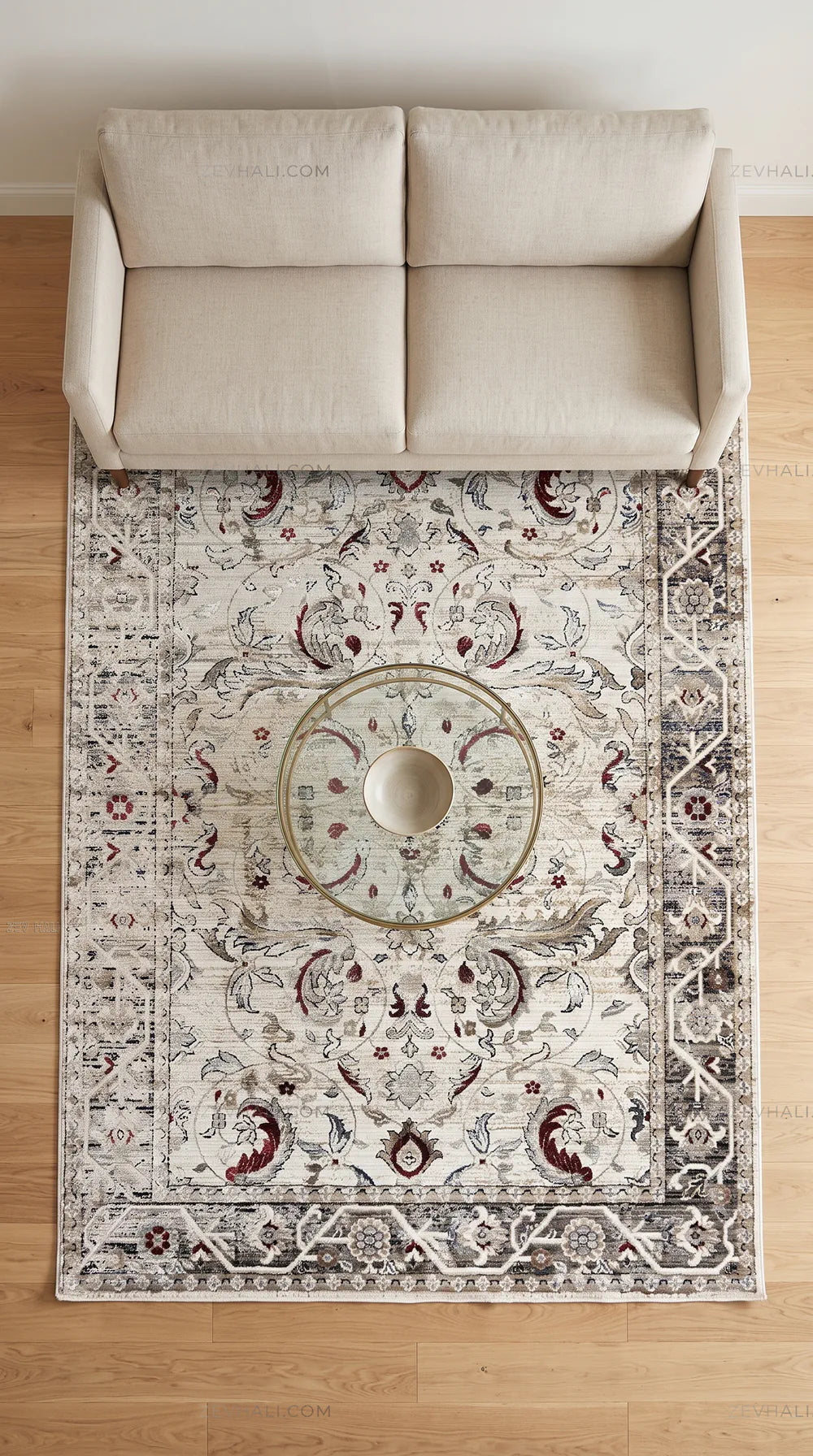 Zev Halı Vintage Krem Bordo Antrasit Floral Desenli Parlak Tuşeli İnce Halı VT10