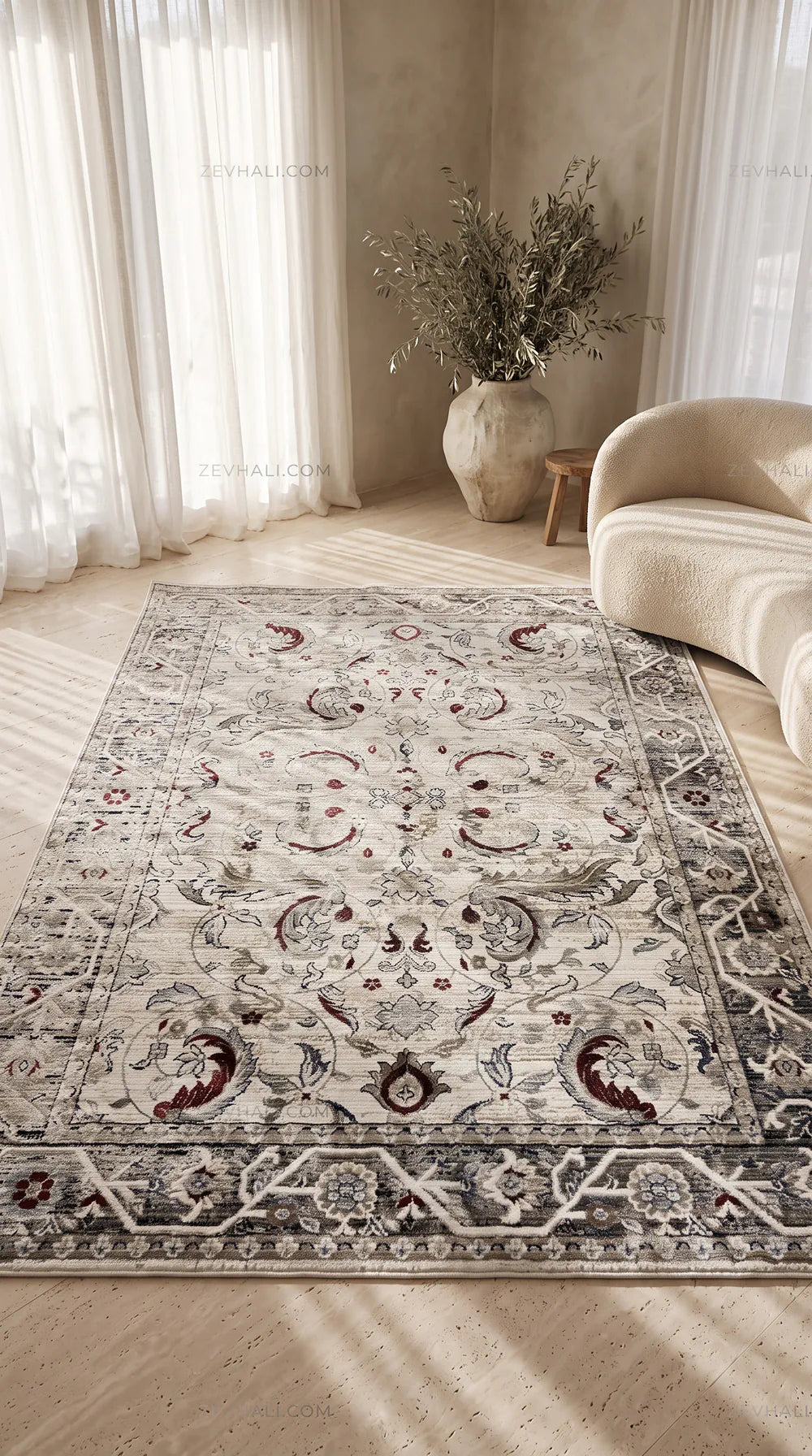 Zev Halı Vintage Krem Bordo Antrasit Floral Desenli Parlak Tuşeli İnce Halı VT10