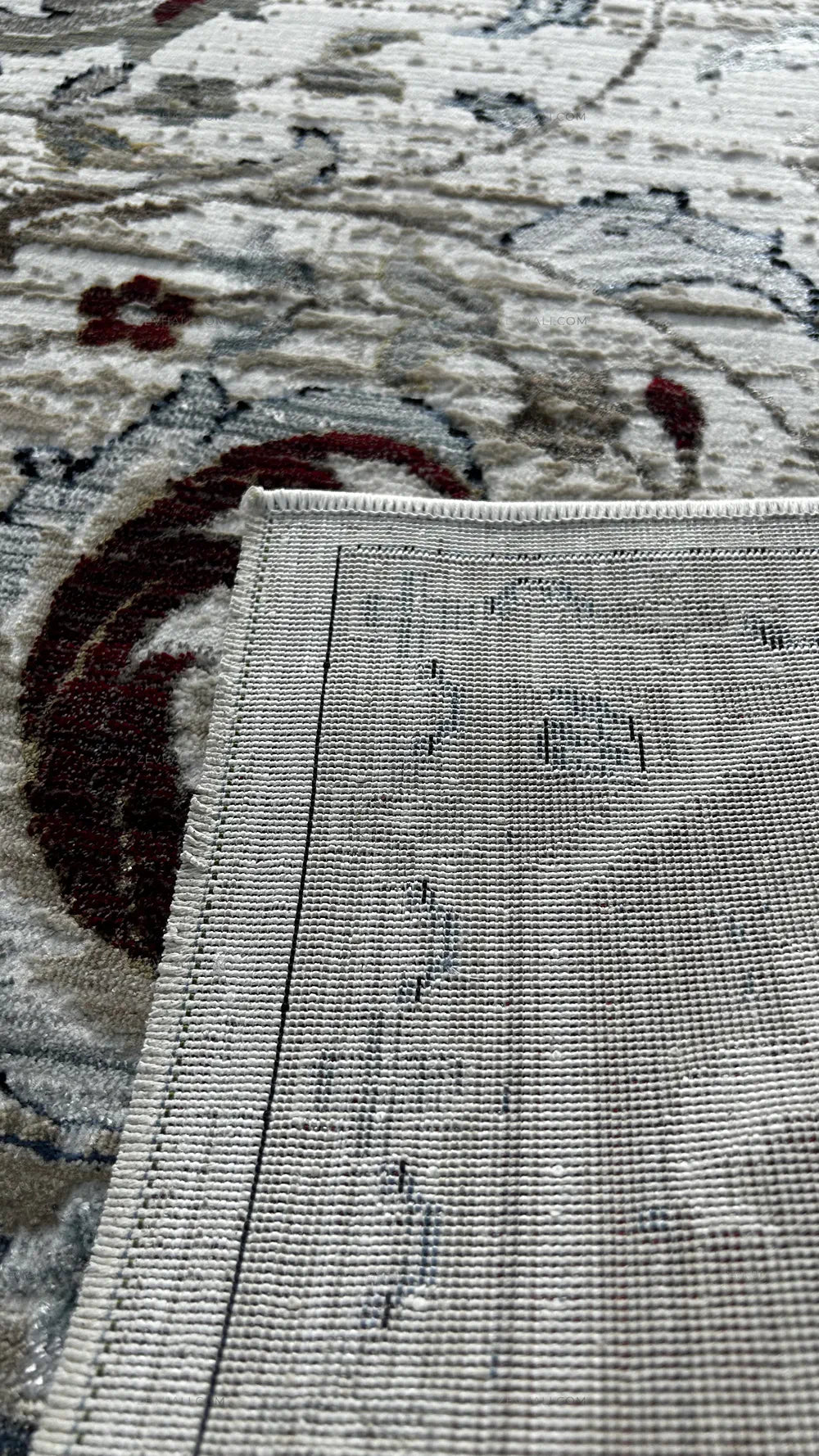 Zev Halı Vintage Krem Bordo Antrasit Floral Desenli Parlak Tuşeli İnce Halı VT10