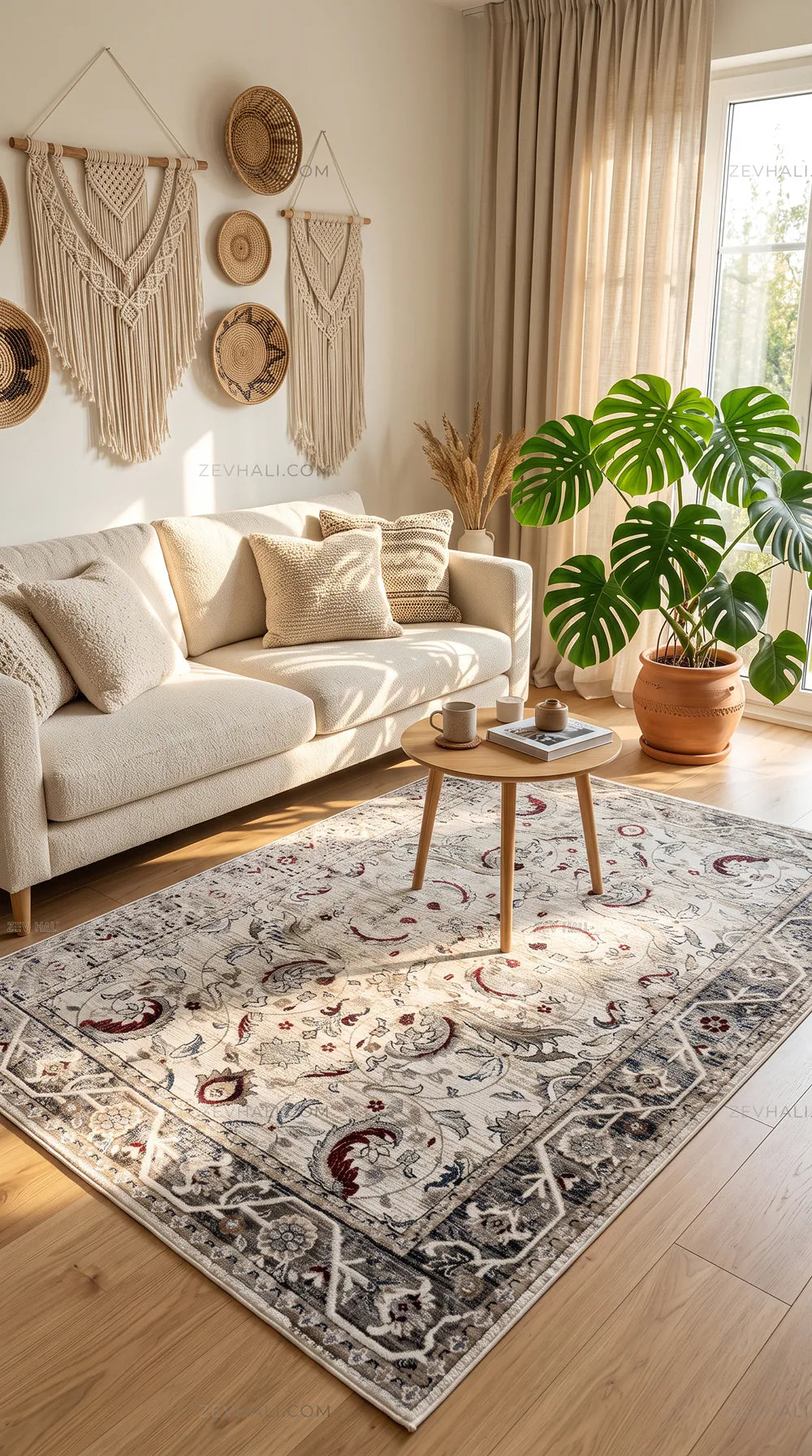 Zev Halı Vintage Krem Bordo Antrasit Floral Desenli Parlak Tuşeli İnce Halı VT10