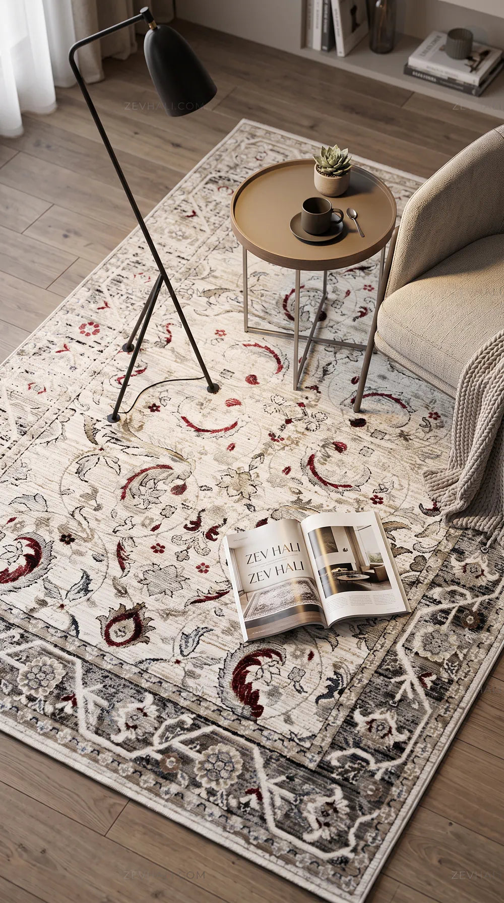 Zev Halı Vintage Krem Bordo Antrasit Floral Desenli Parlak Tuşeli İnce Halı VT10