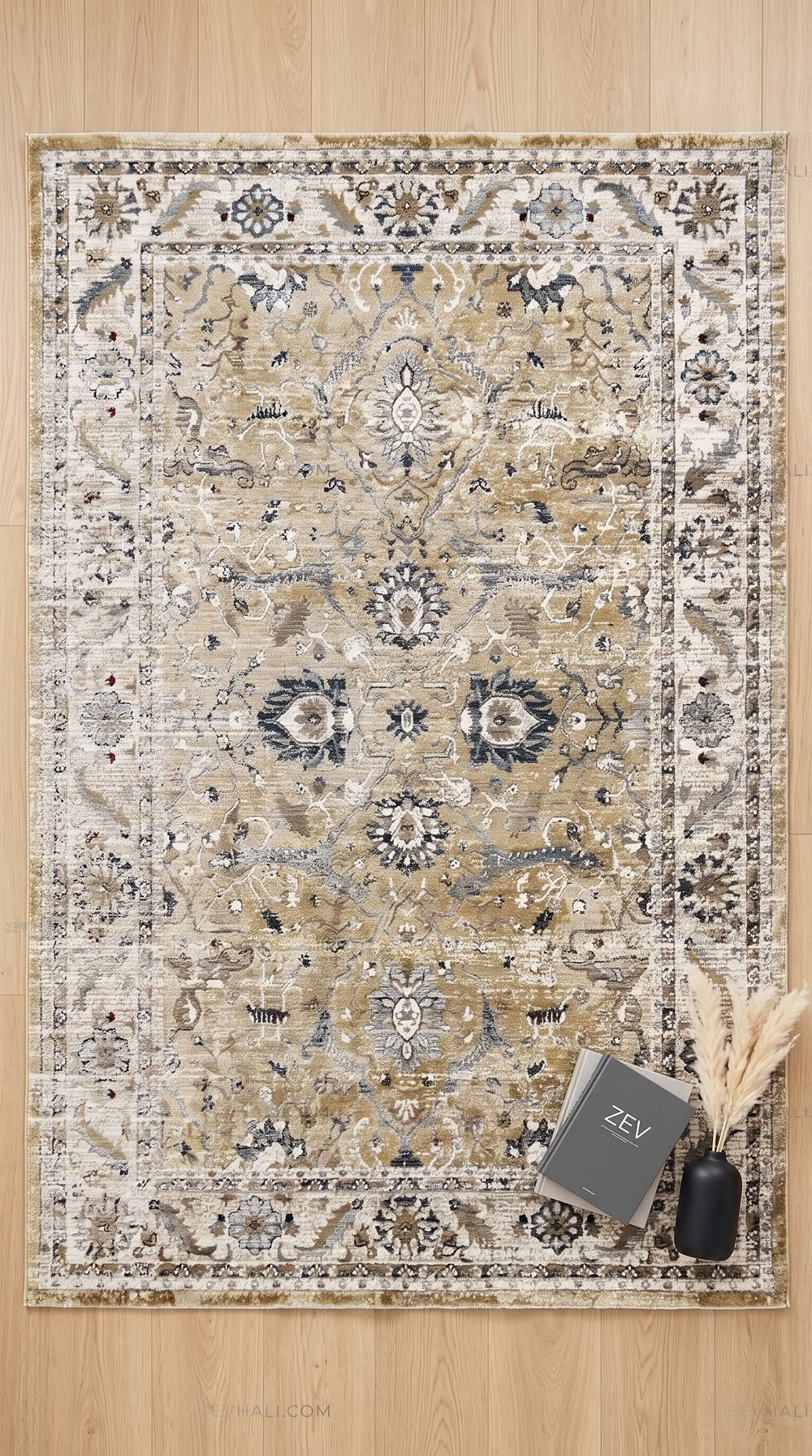 Zev Halı Vintage Krem Hardal Antrasit Eskitme Klasik Parlak Tuşeli İnce Halı VT11