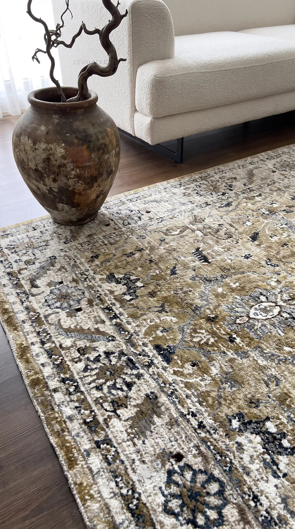 Zev Halı Vintage Krem Hardal Antrasit Eskitme Klasik Parlak Tuşeli İnce Halı VT11