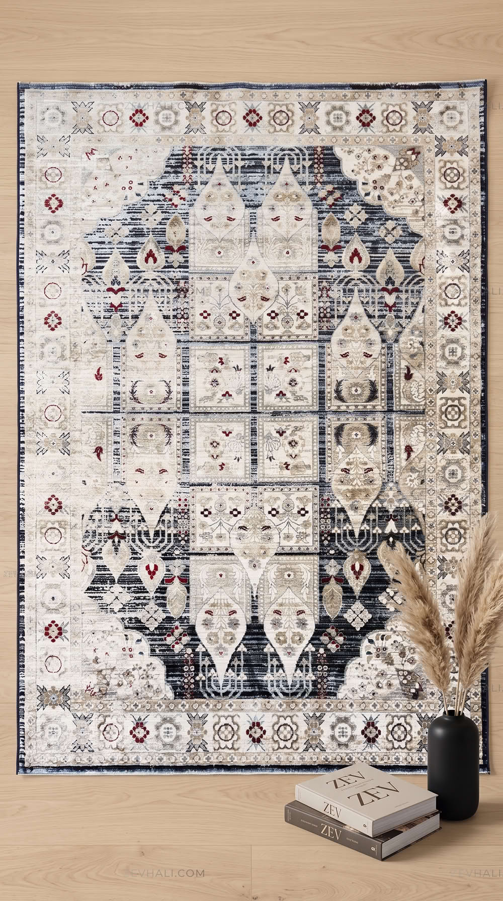 Zev Halı Vintage Krem Lacivert Bordo Karo Desenli Parlak Tuşeli İnce Halı VT15