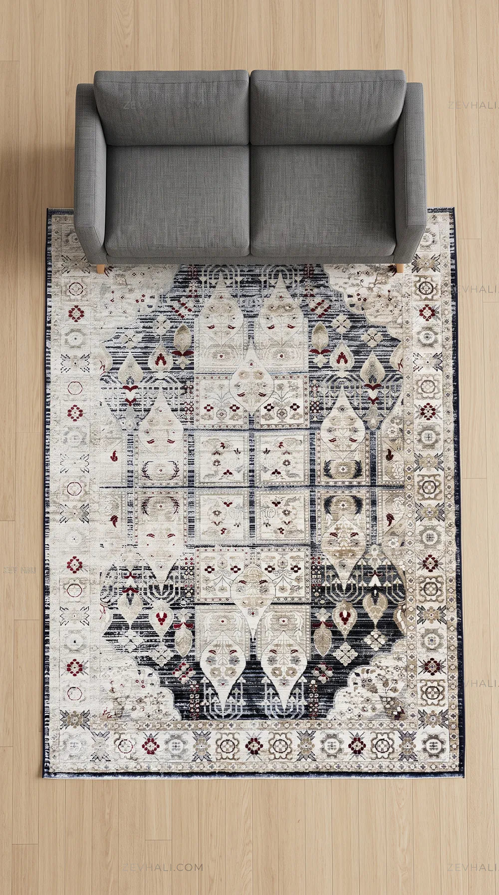 Zev Halı Vintage Krem Lacivert Bordo Karo Desenli Parlak Tuşeli İnce Halı VT15