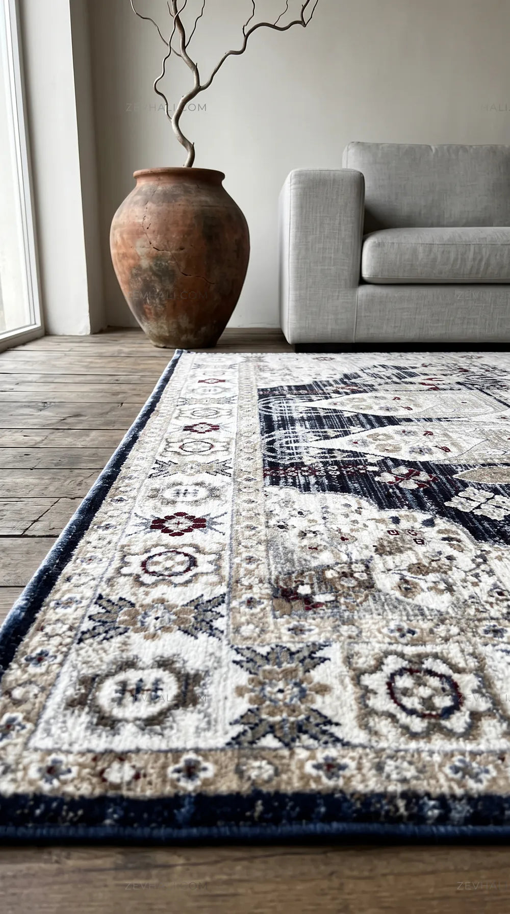 Zev Halı Vintage Krem Lacivert Bordo Karo Desenli Parlak Tuşeli İnce Halı VT15