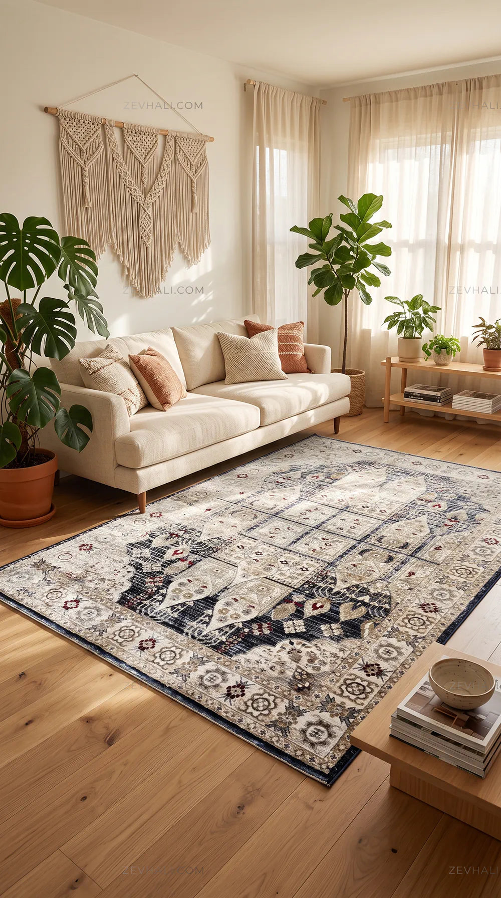 Zev Halı Vintage Krem Lacivert Bordo Karo Desenli Parlak Tuşeli İnce Halı VT15