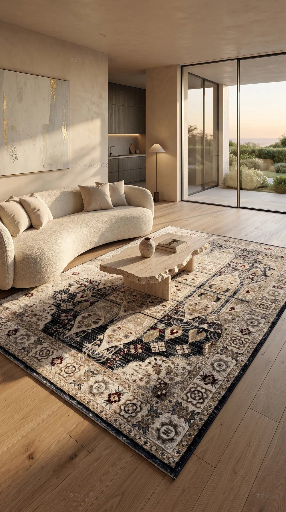 Zev Halı Vintage Krem Lacivert Bordo Karo Desenli Parlak Tuşeli İnce Halı VT15