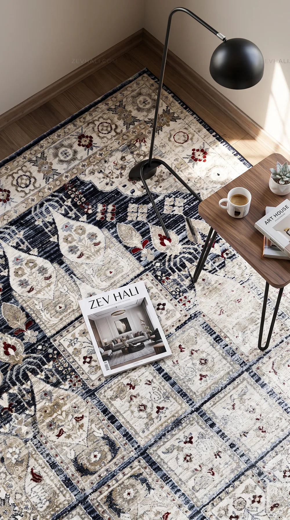 Zev Halı Vintage Krem Lacivert Bordo Karo Desenli Parlak Tuşeli İnce Halı VT15