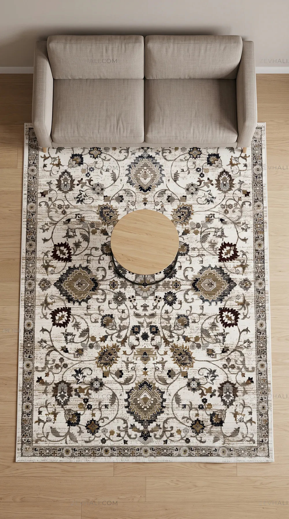 Zev Halı Vintage Krem Vizon Bordo Floral Desenli Parlak Tuşeli İnce Halı VT09