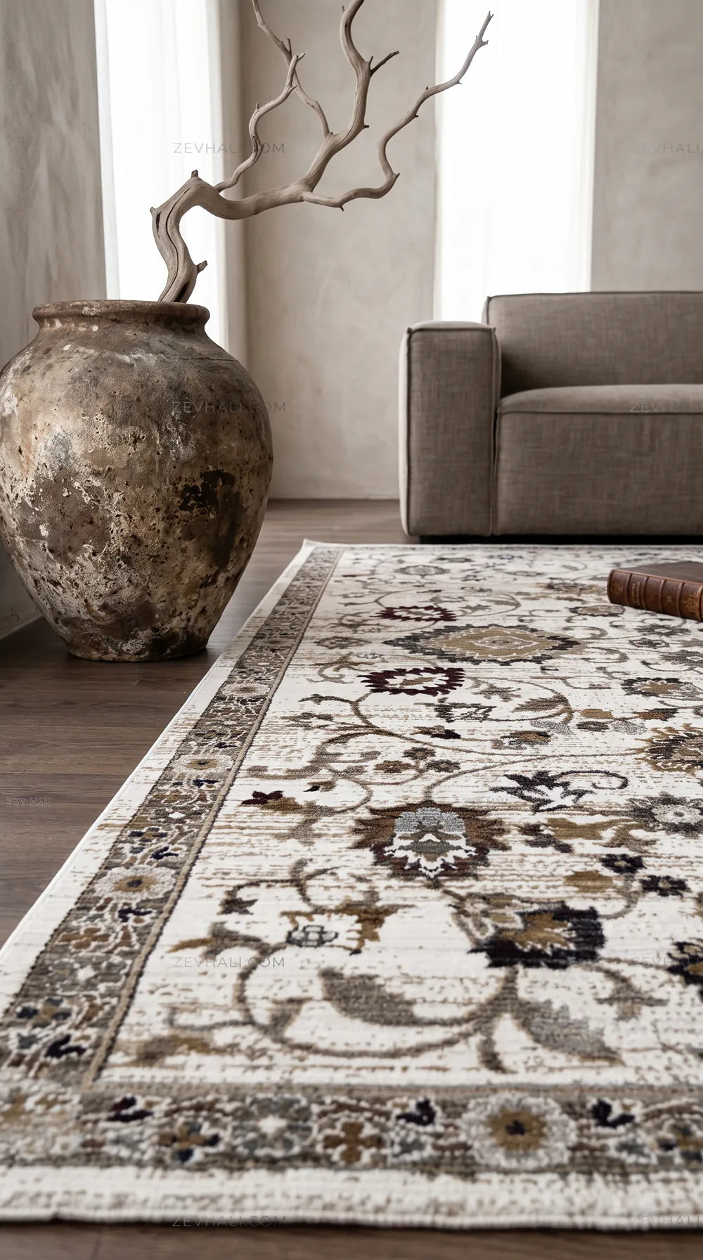 Zev Halı Vintage Krem Vizon Bordo Floral Desenli Parlak Tuşeli İnce Halı VT09