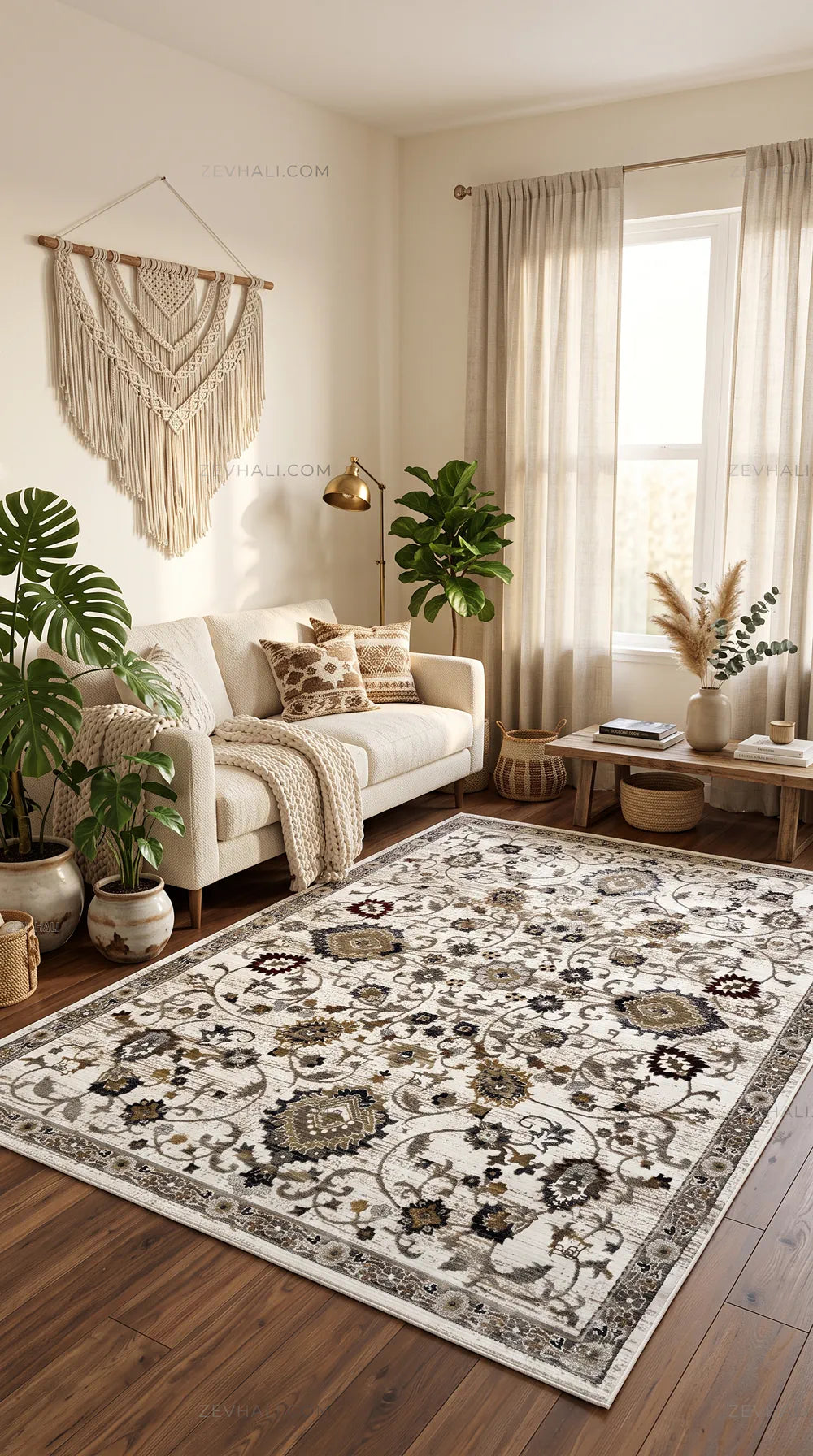 Zev Halı Vintage Krem Vizon Bordo Floral Desenli Parlak Tuşeli İnce Halı VT09