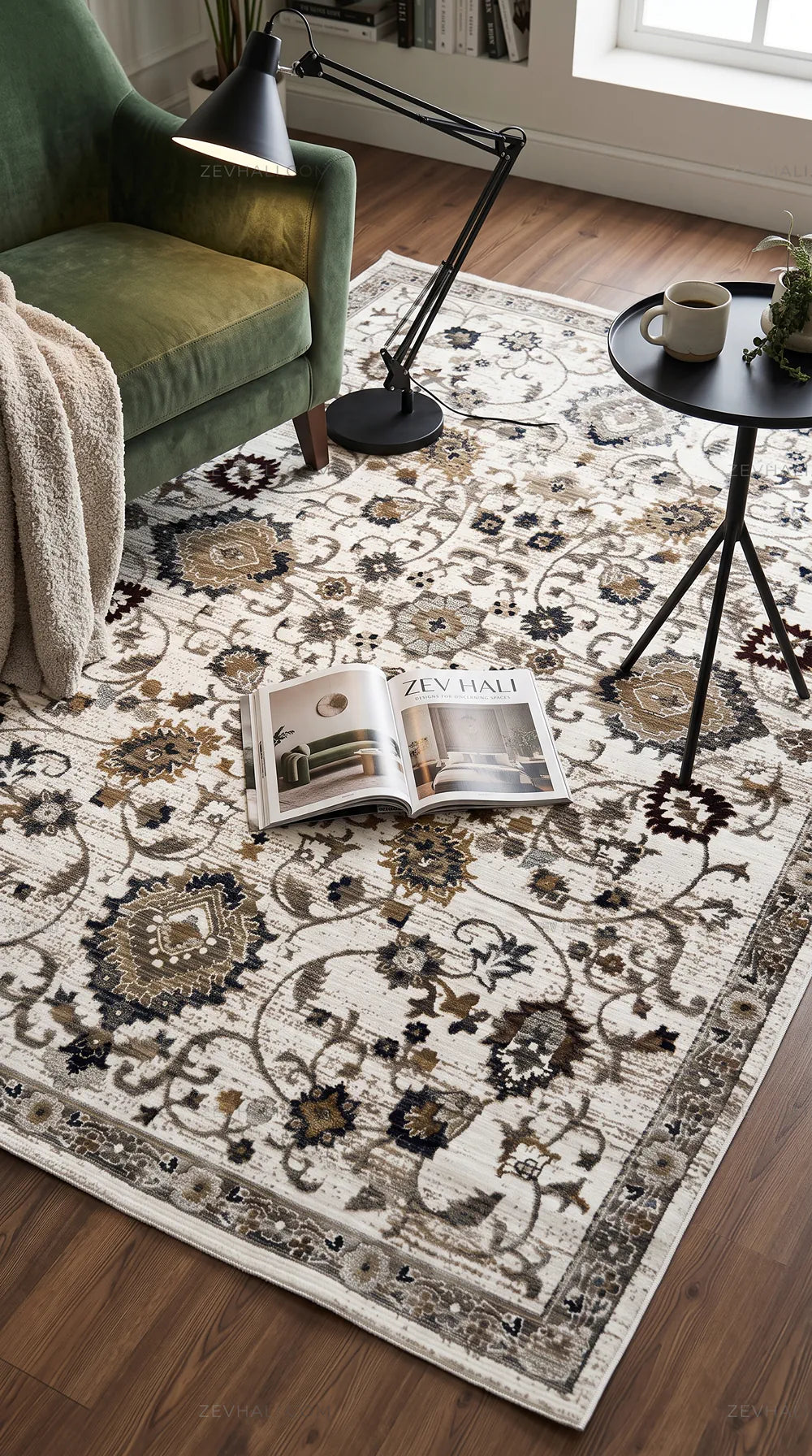 Zev Halı Vintage Krem Vizon Bordo Floral Desenli Parlak Tuşeli İnce Halı VT09