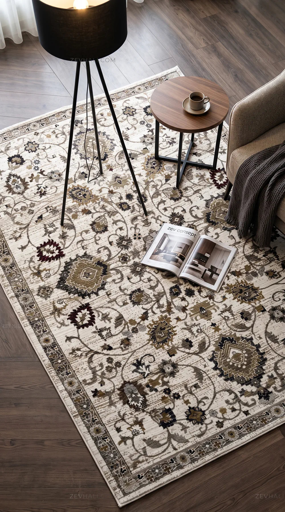 Zev Halı Vintage Krem Vizon Bordo Floral Desenli Parlak Tuşeli İnce Halı VT09