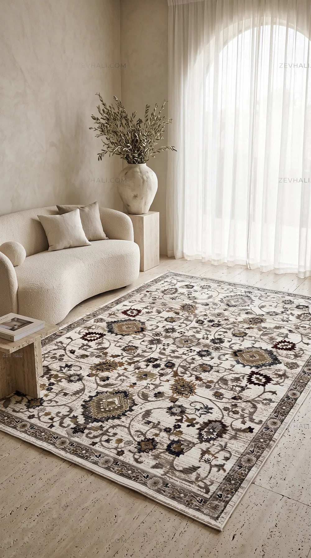 Zev Halı Vintage Krem Vizon Bordo Floral Desenli Parlak Tuşeli İnce Halı VT09