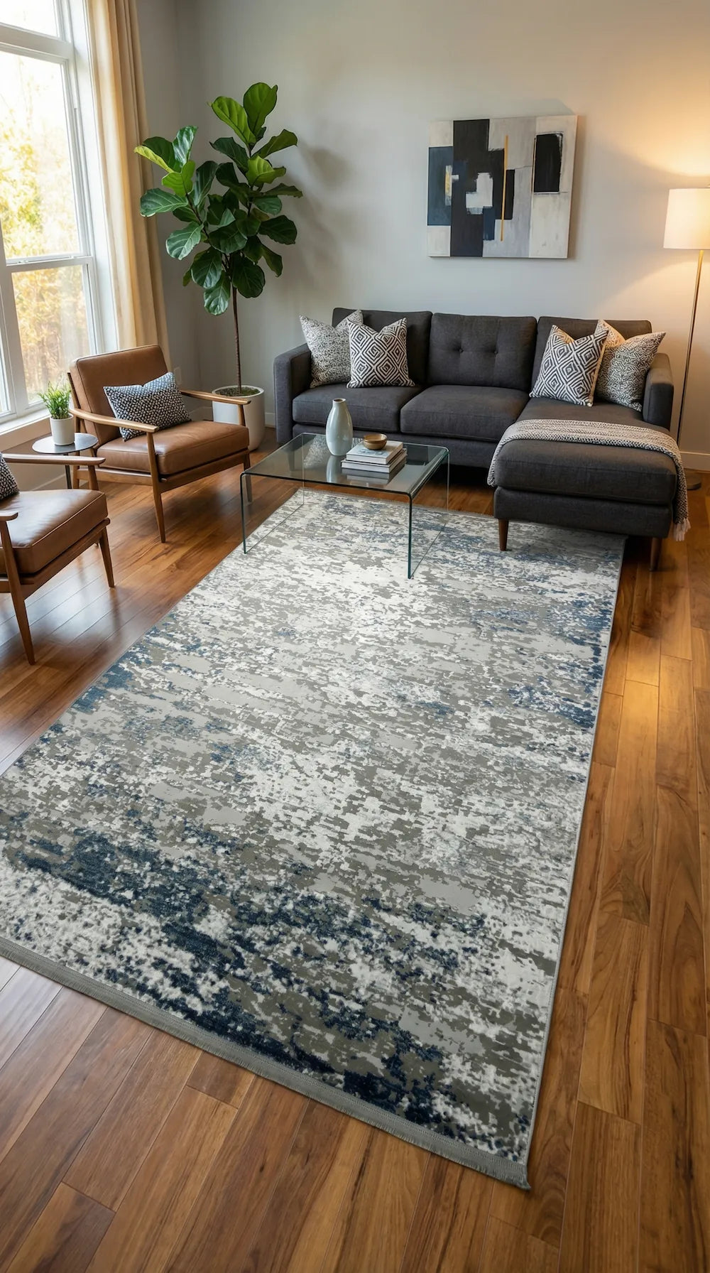 Zev Vogui Serisi Gri Mavi Çizgili Modern Geometrik Triko Akrilik Halı st033 160x230