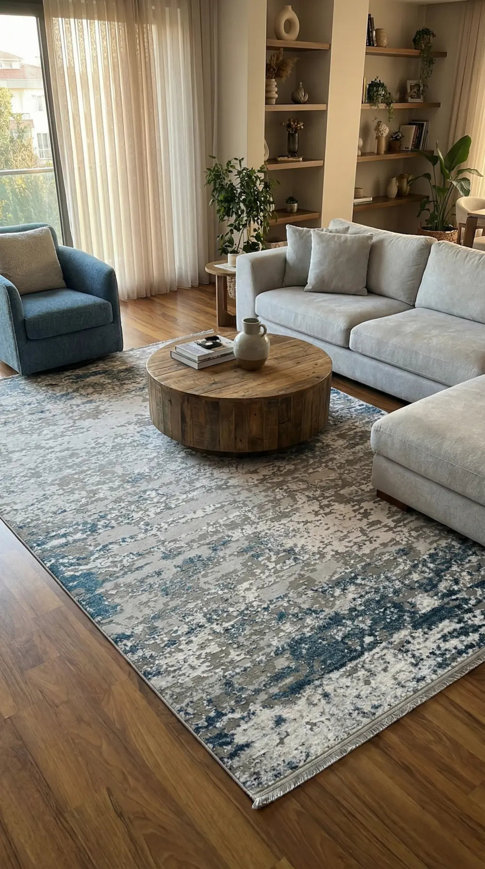 Zev Vogui Serisi Gri Mavi Çizgili Modern Geometrik Triko Akrilik Halı st033 160x230